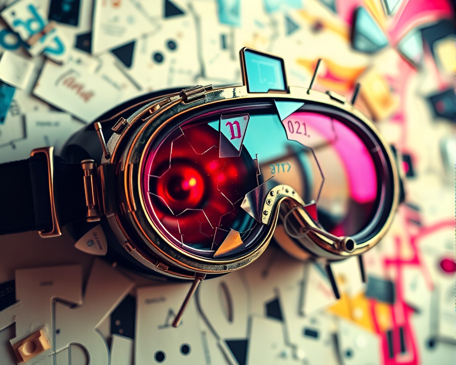 Colorful steampunk goggles with intricate hatching design in neon graffiti background