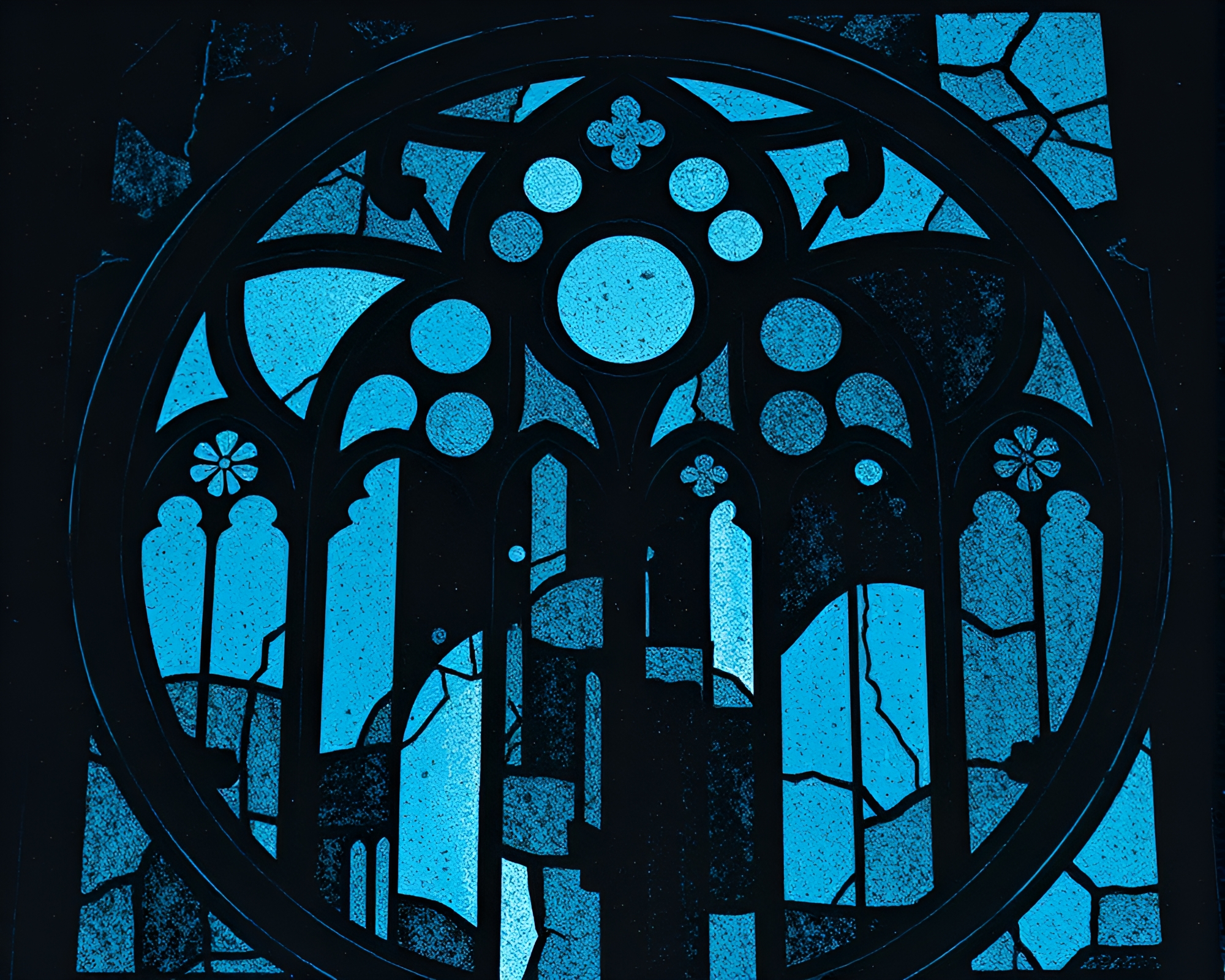 Cyberpunk Monochrome Blue Stained-Glass Window Illustration – free AI stock image