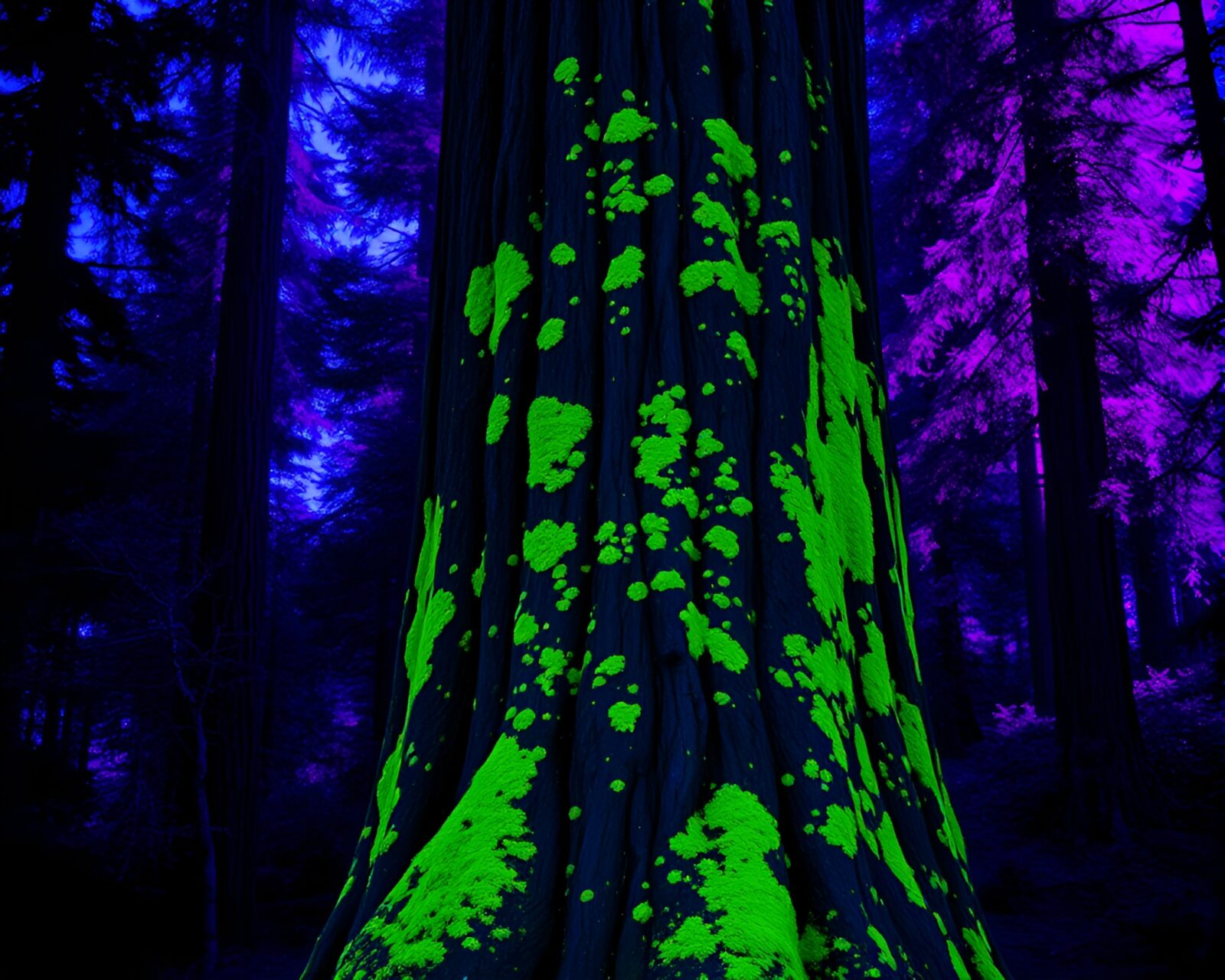 Vibrant ultraviolet shine illuminating redwood tree with mildew spots