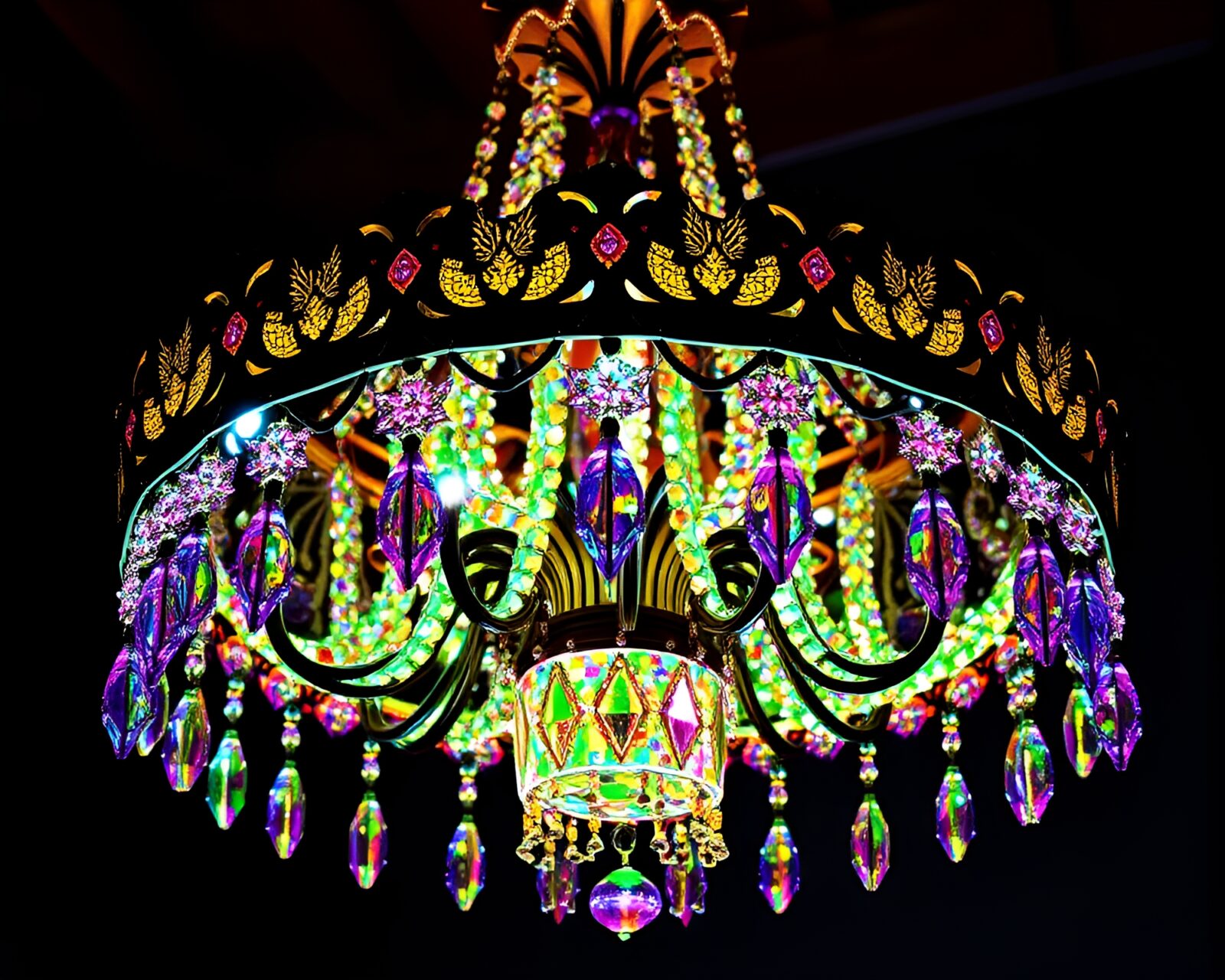 Mosaic pattern Victorian chandelier glowing under oil slick rainbow