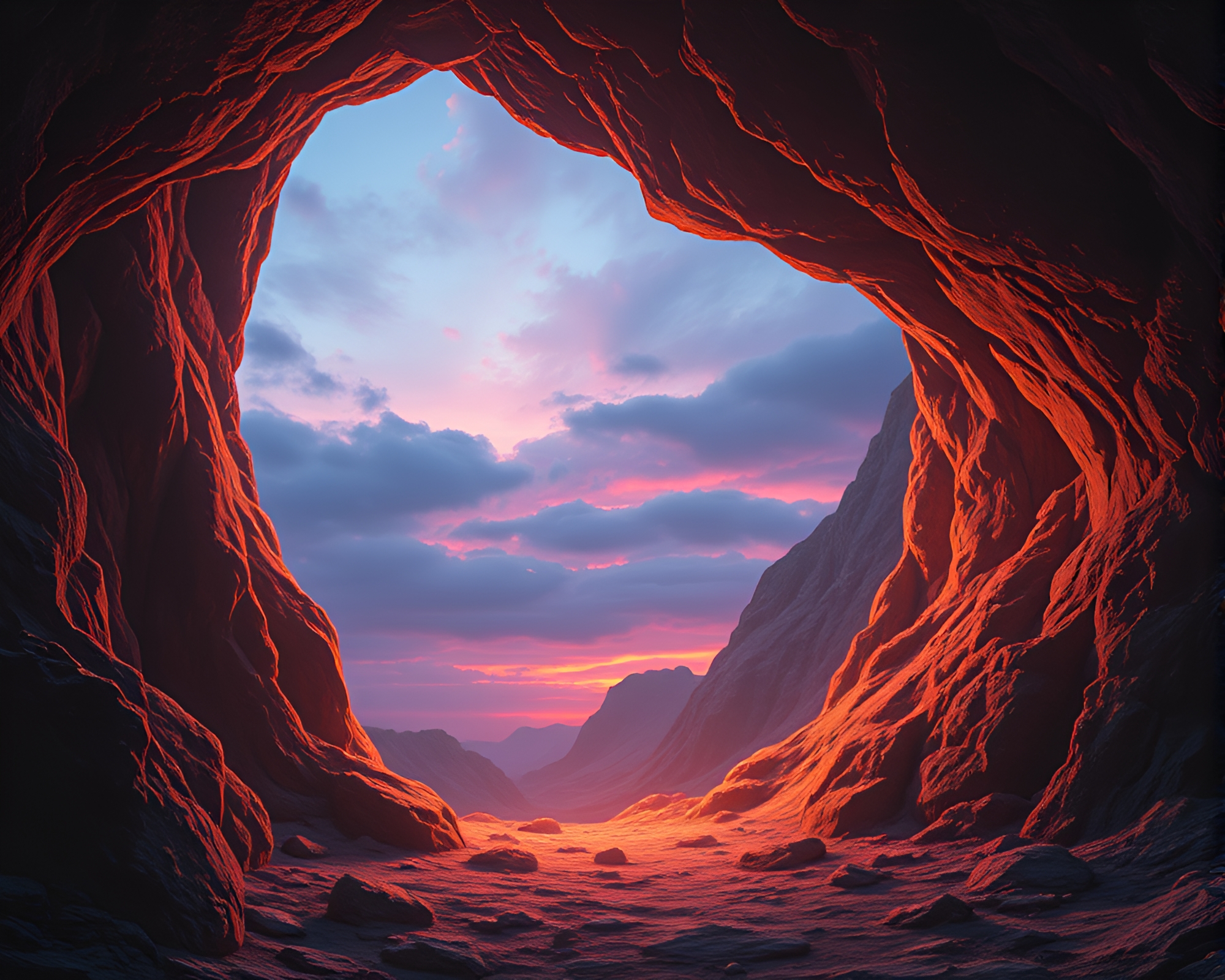 Holographic Twilight Cave Painting: Serene Ancient Art – free AI stock image