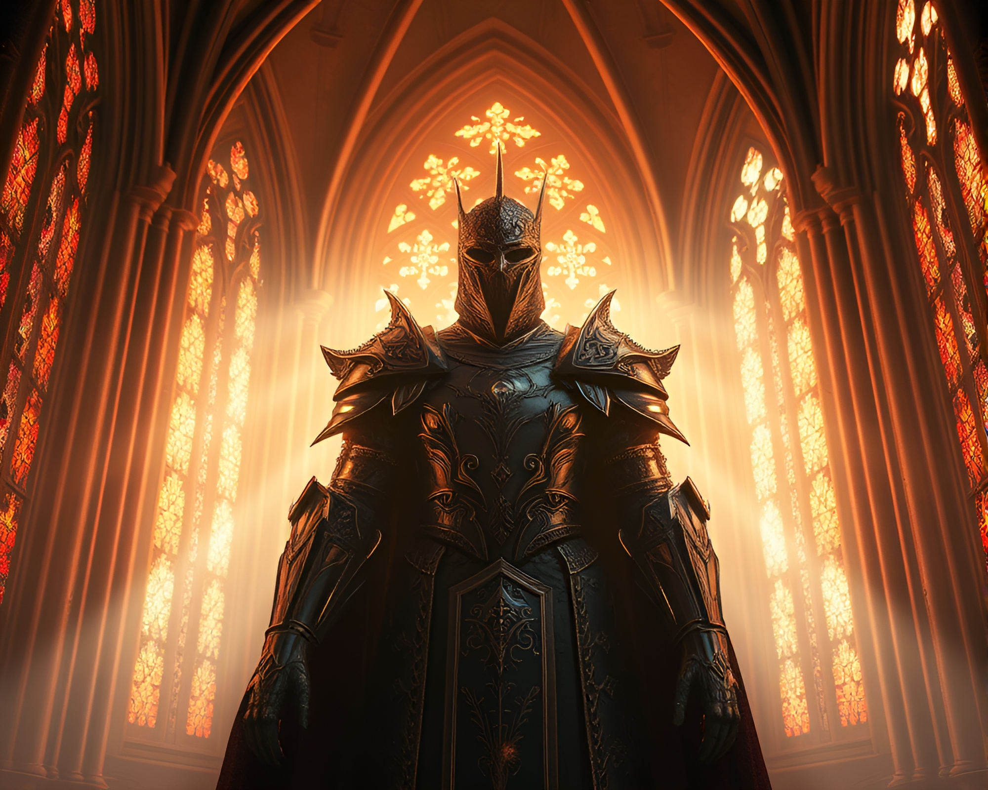 Armor-clad holographic knight under stained glass cathedral lighting – free AI stock image