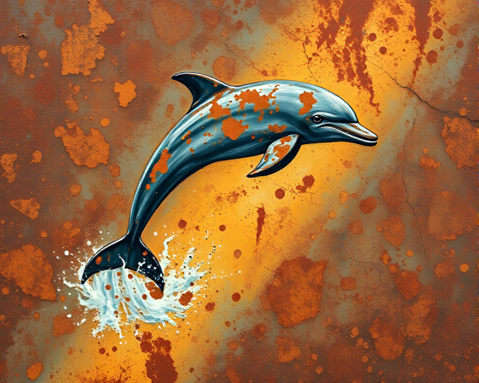 Gouache painting of Amazon river dolphin in spotlight, rust flake texture background