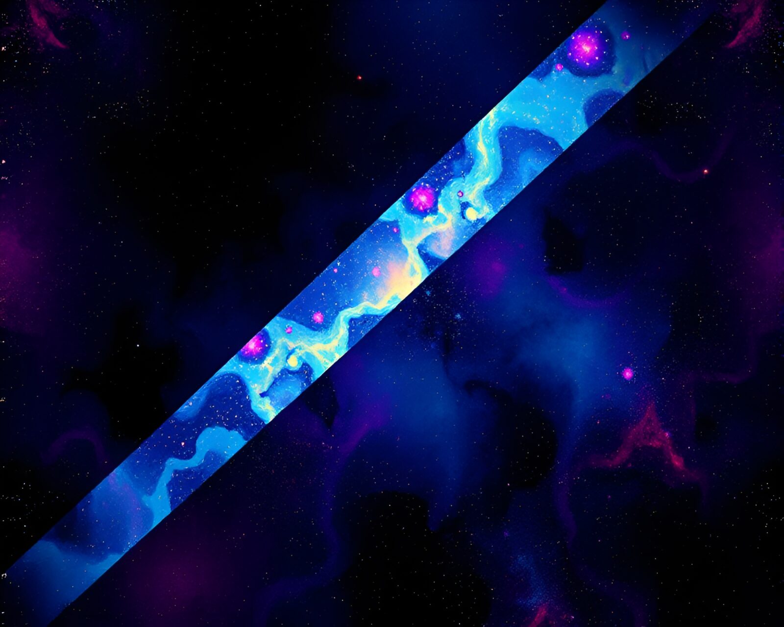 Fractal patterns in galaxy colors with shadowy silhouette figures