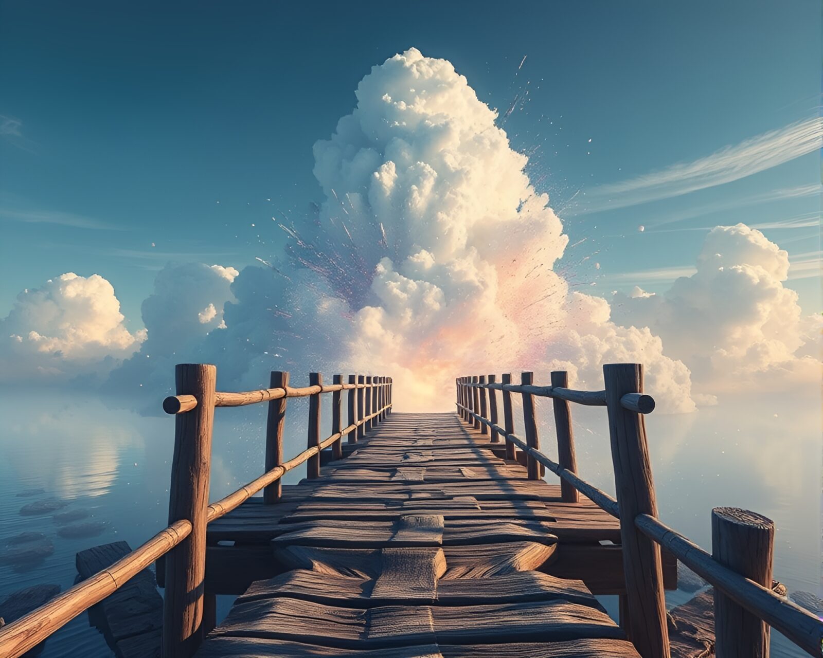 A wooden bridge engulfed in a crystal clear explosion cloud