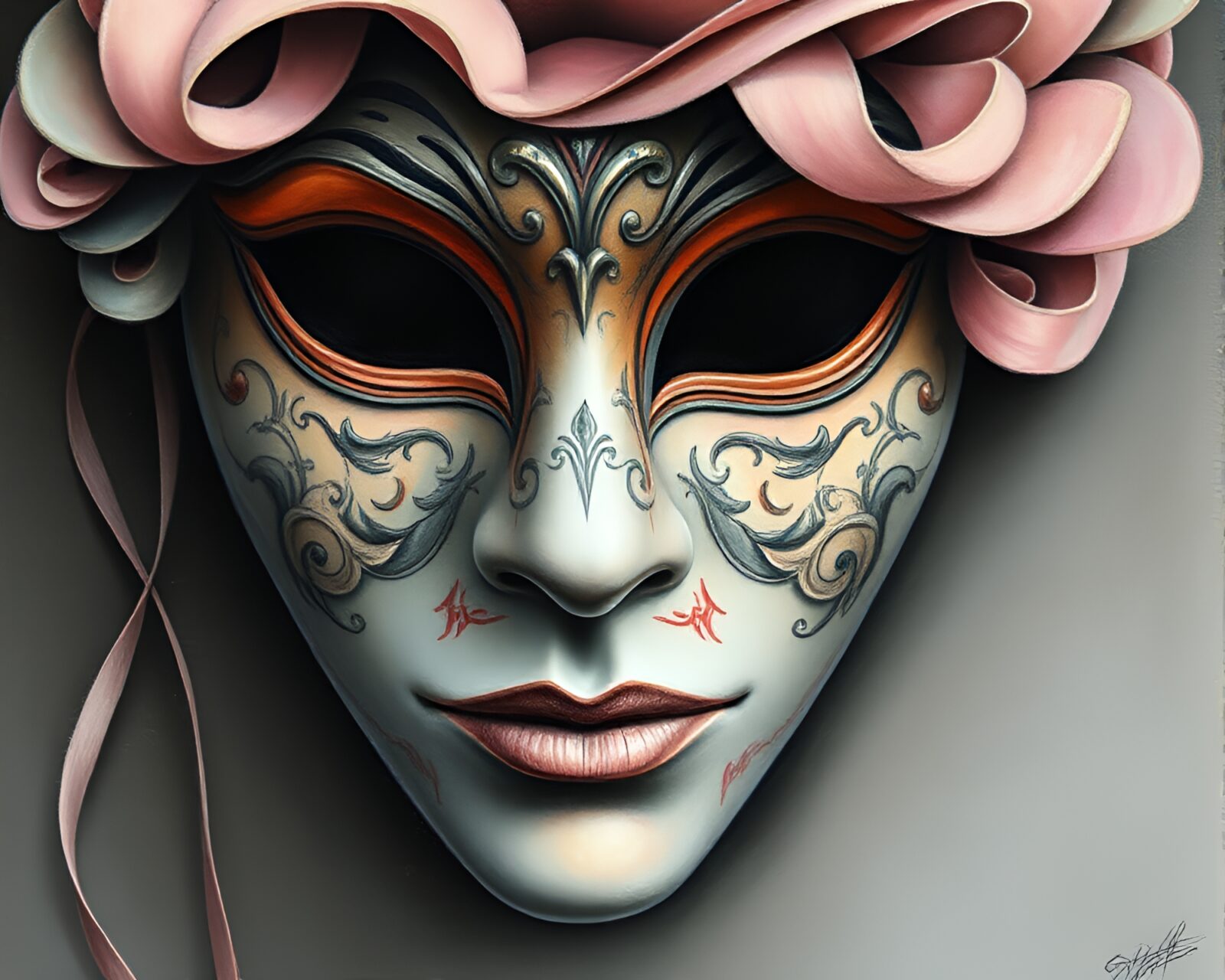 Intricate Venetian mask sketch in soft pastel hues