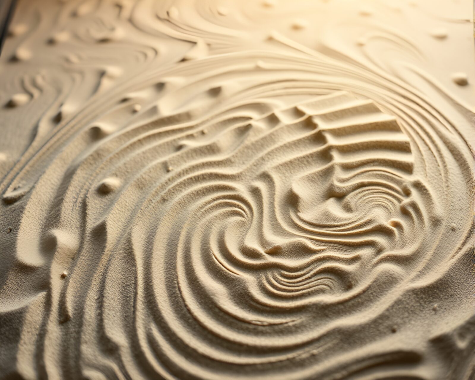 Ethereal theatrical-lit staircase amidst swirling sand patterns in miniature.