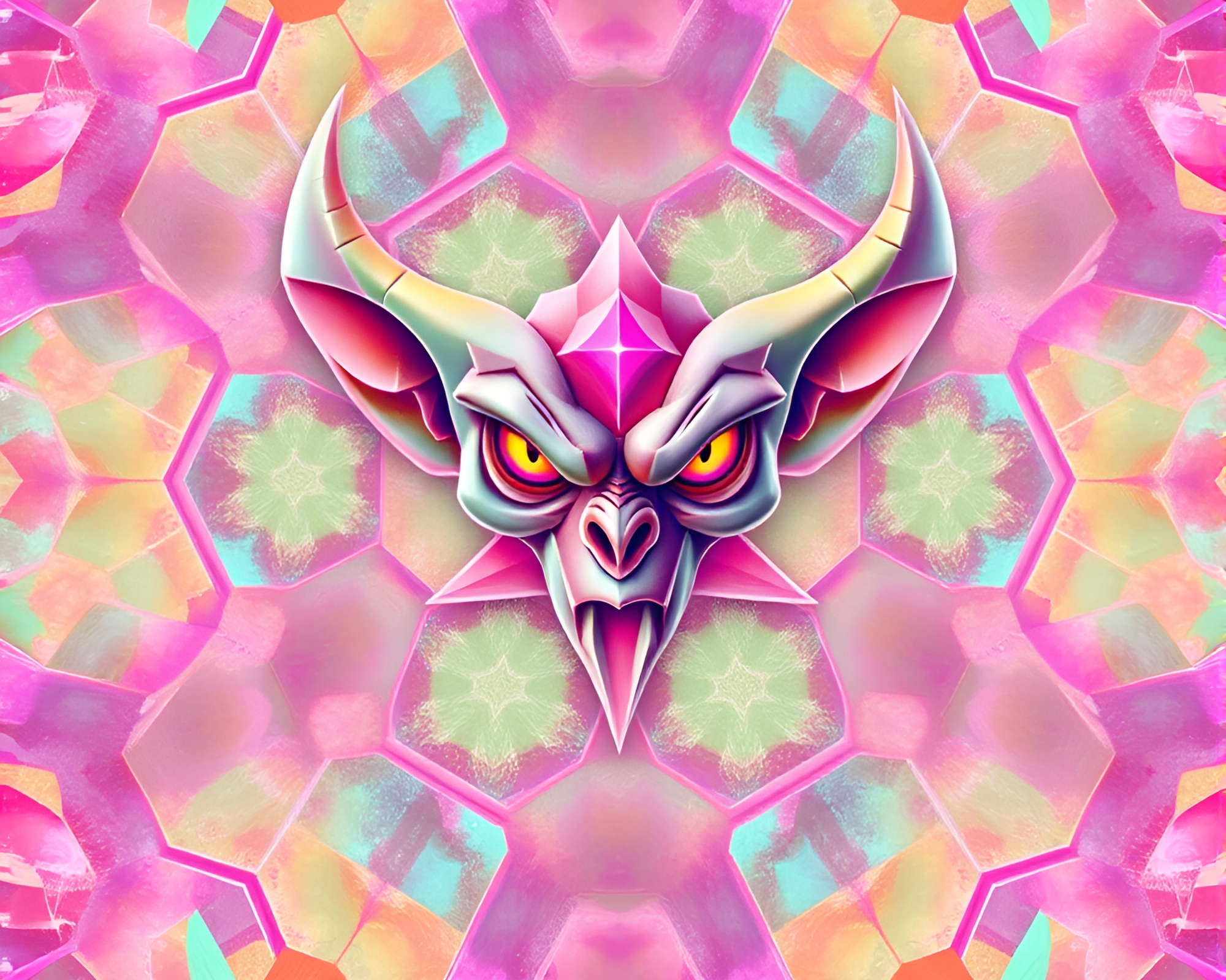 Holographic Goblin Encounter in Hexagonal Planetary Pastel Hues – free AI stock image