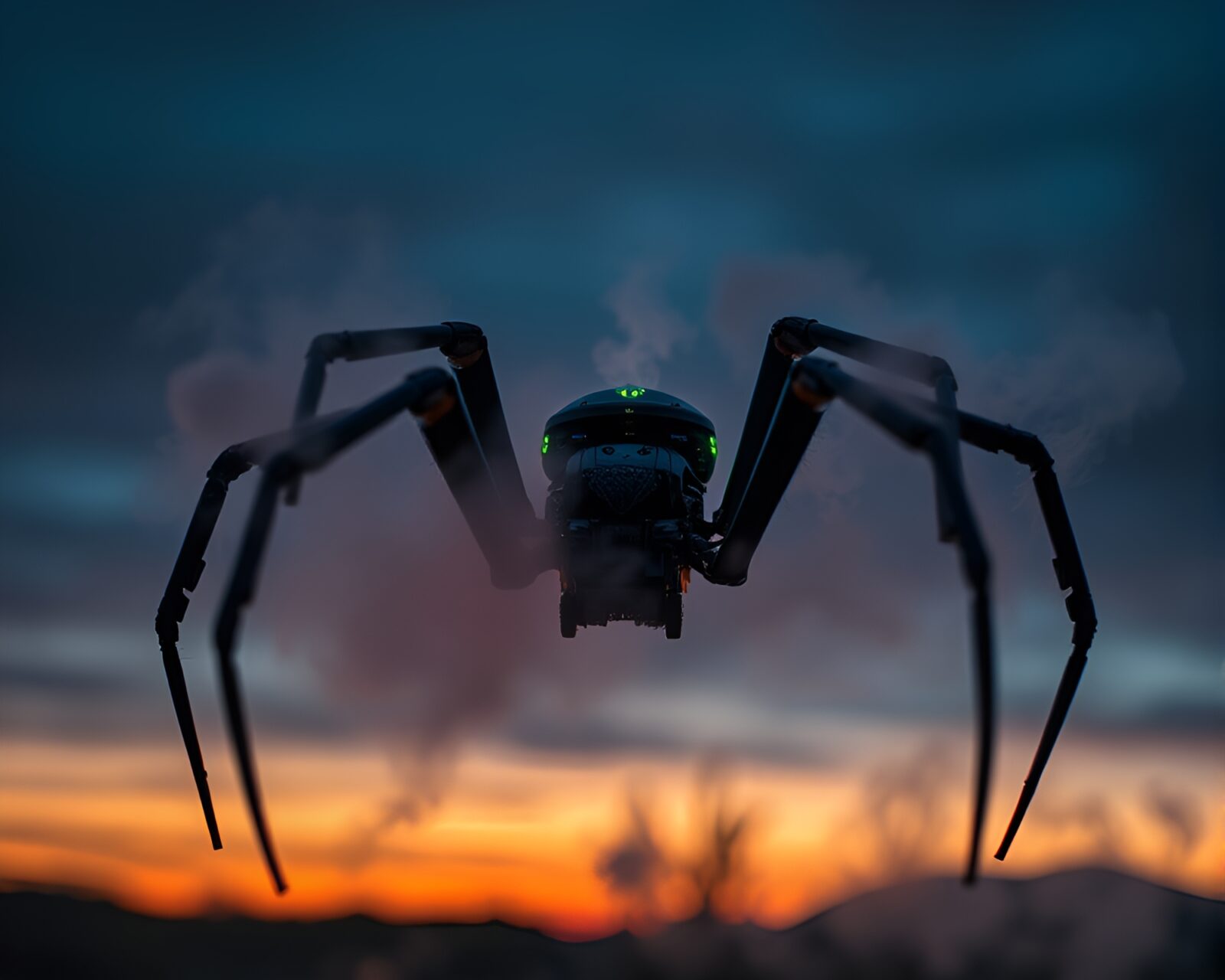 HDR photo of steam-covered mechanical spider at twilight