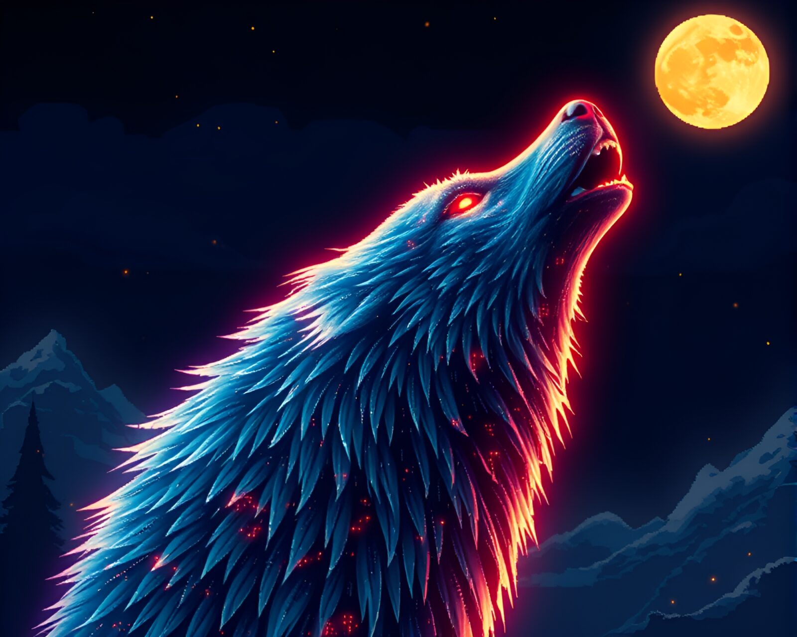 A wolf surrounded by pixelated neon moonlight