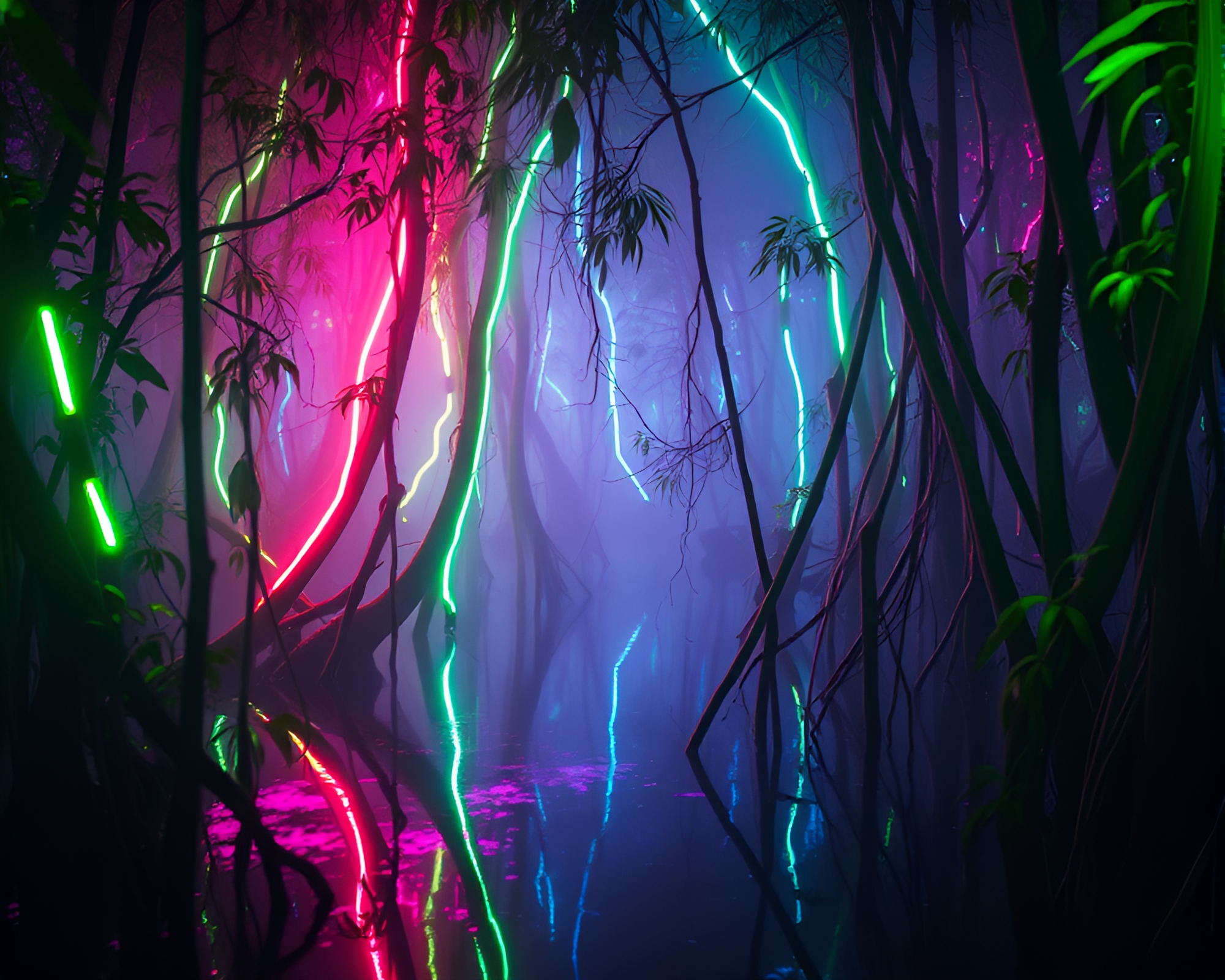 Sorcery Glow in Mangrove Swamp Neon Tubing Scene – free AI stock image
