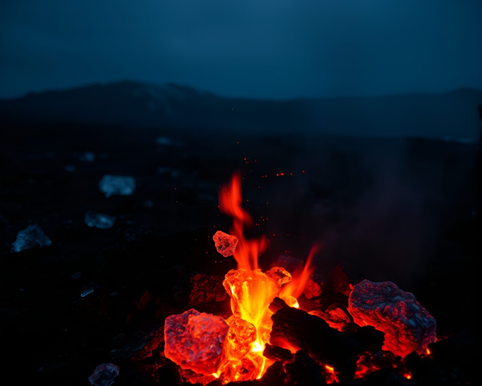 Ice crystals shining under fiery volcanic light in the cold