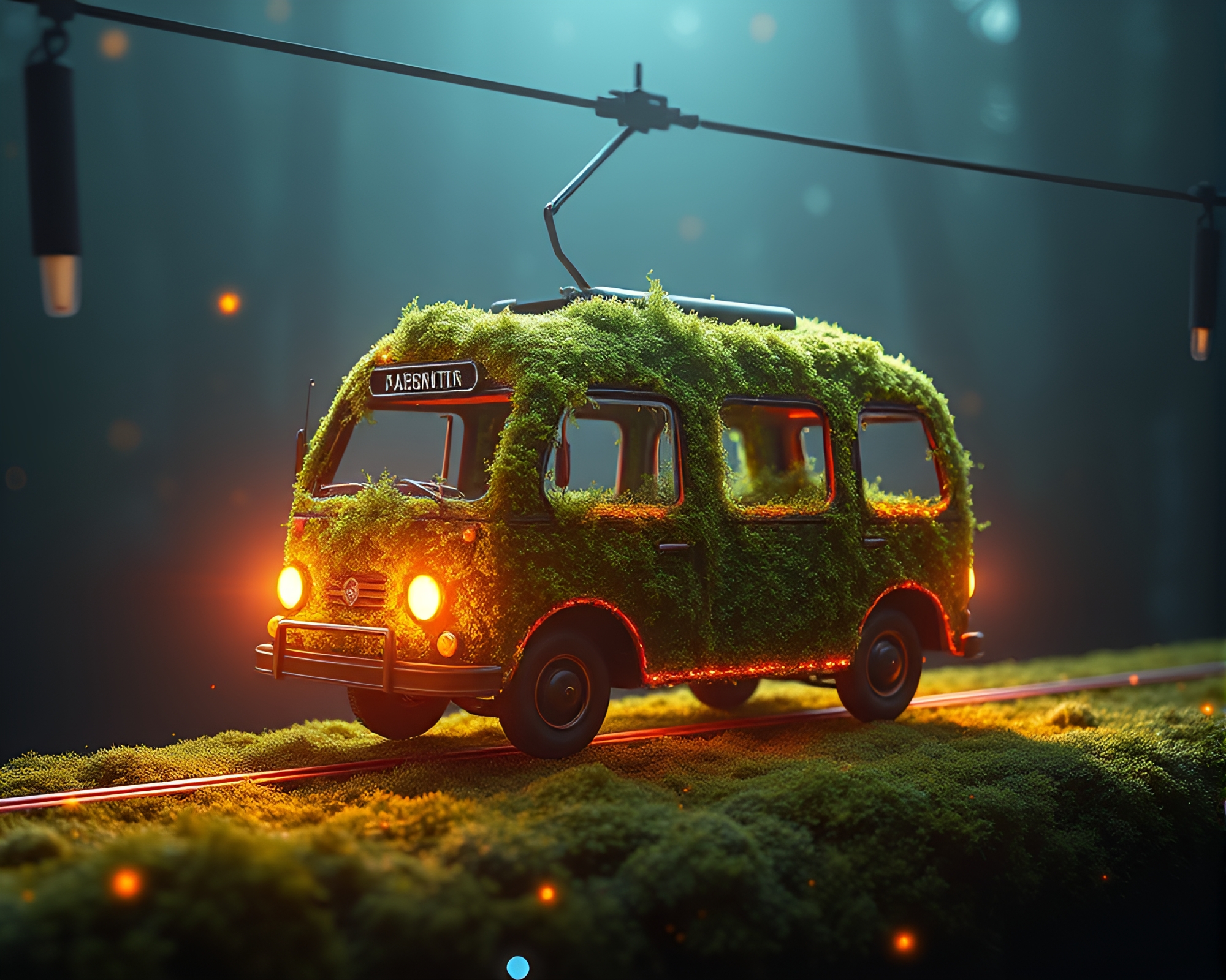 Enchanting Moss-Covered Cable Car with Disco Ball Glinting – free AI stock image