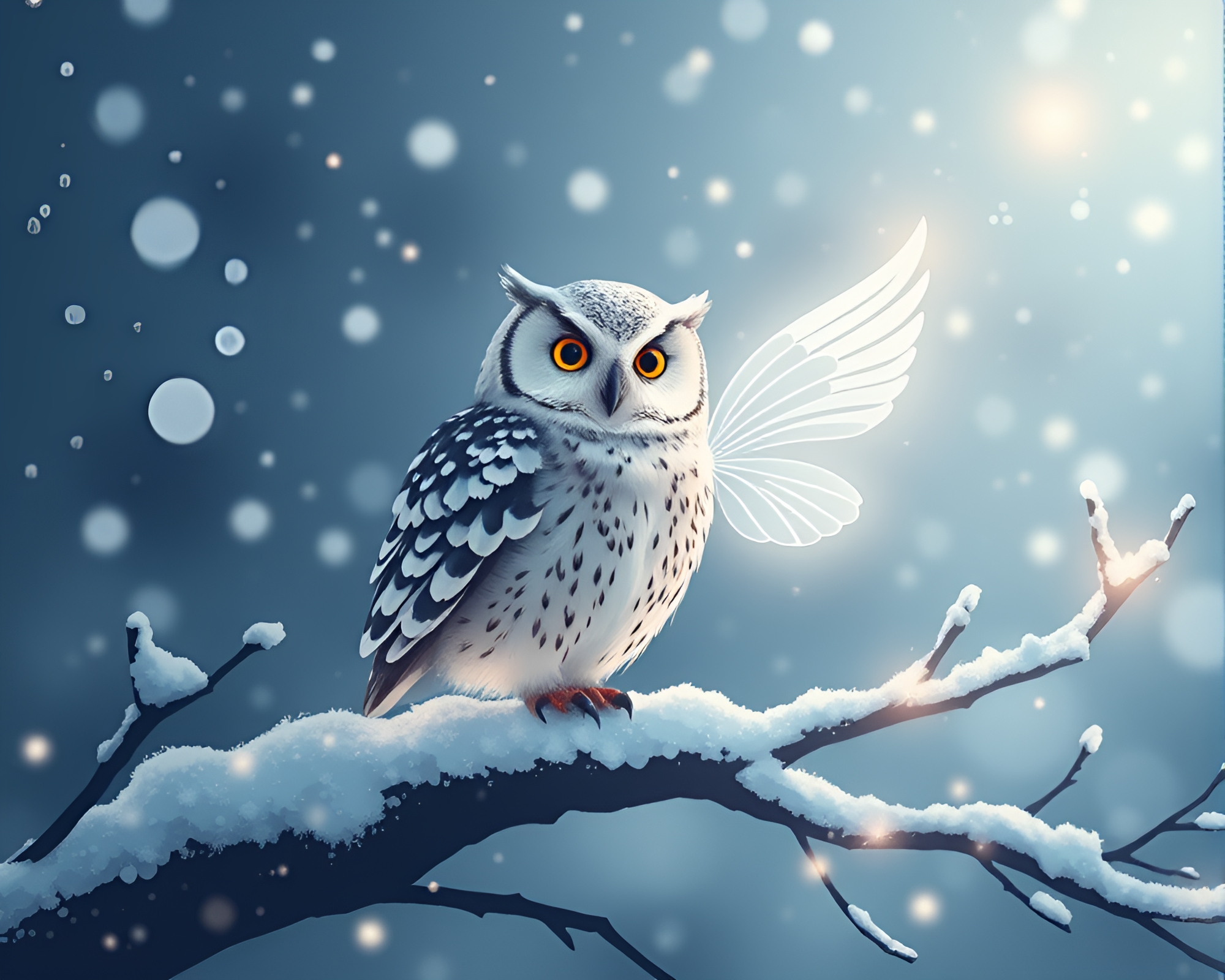 Enchanting Snowy Owl in Fairy Light Vignette Border – free AI stock image