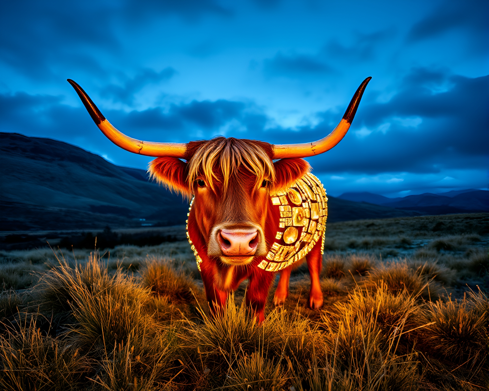 Highland Cow in Mosaic Light Collage – free AI stock image