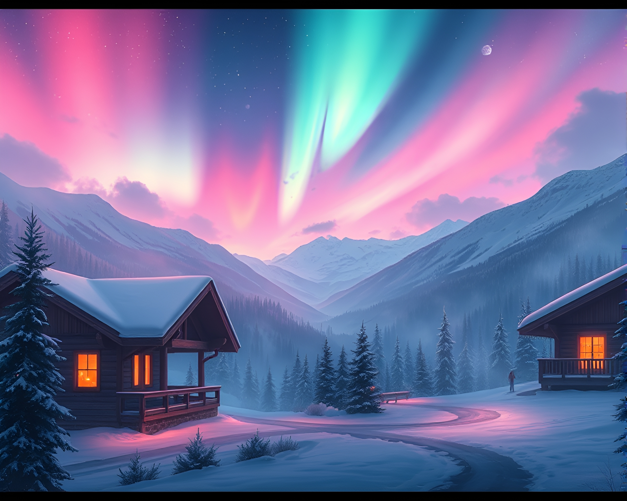 Swirling Smoke Rings Around Alpine Chalet: Anime Style – free AI stock image