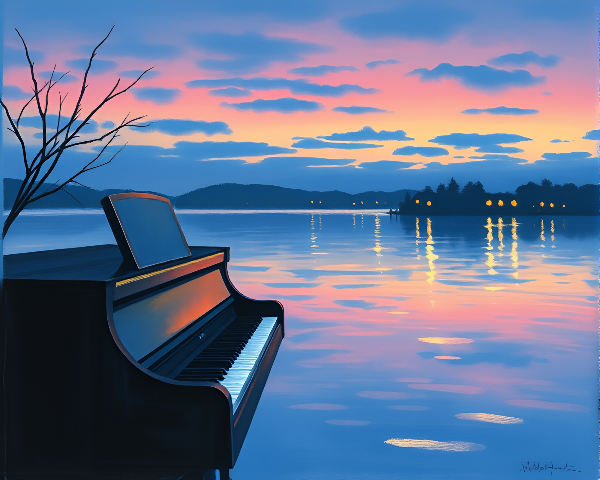 Twilight Reflections: Pastel Piano Fantasy – free AI stock image