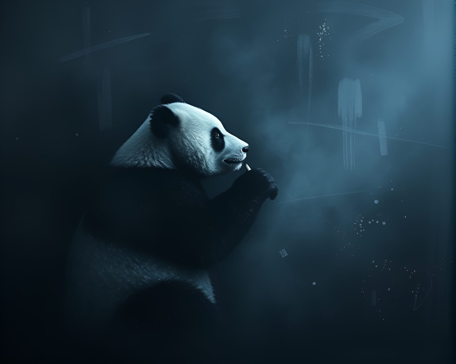 A mystical panda emerges from chalkboard smudges in dawn mist