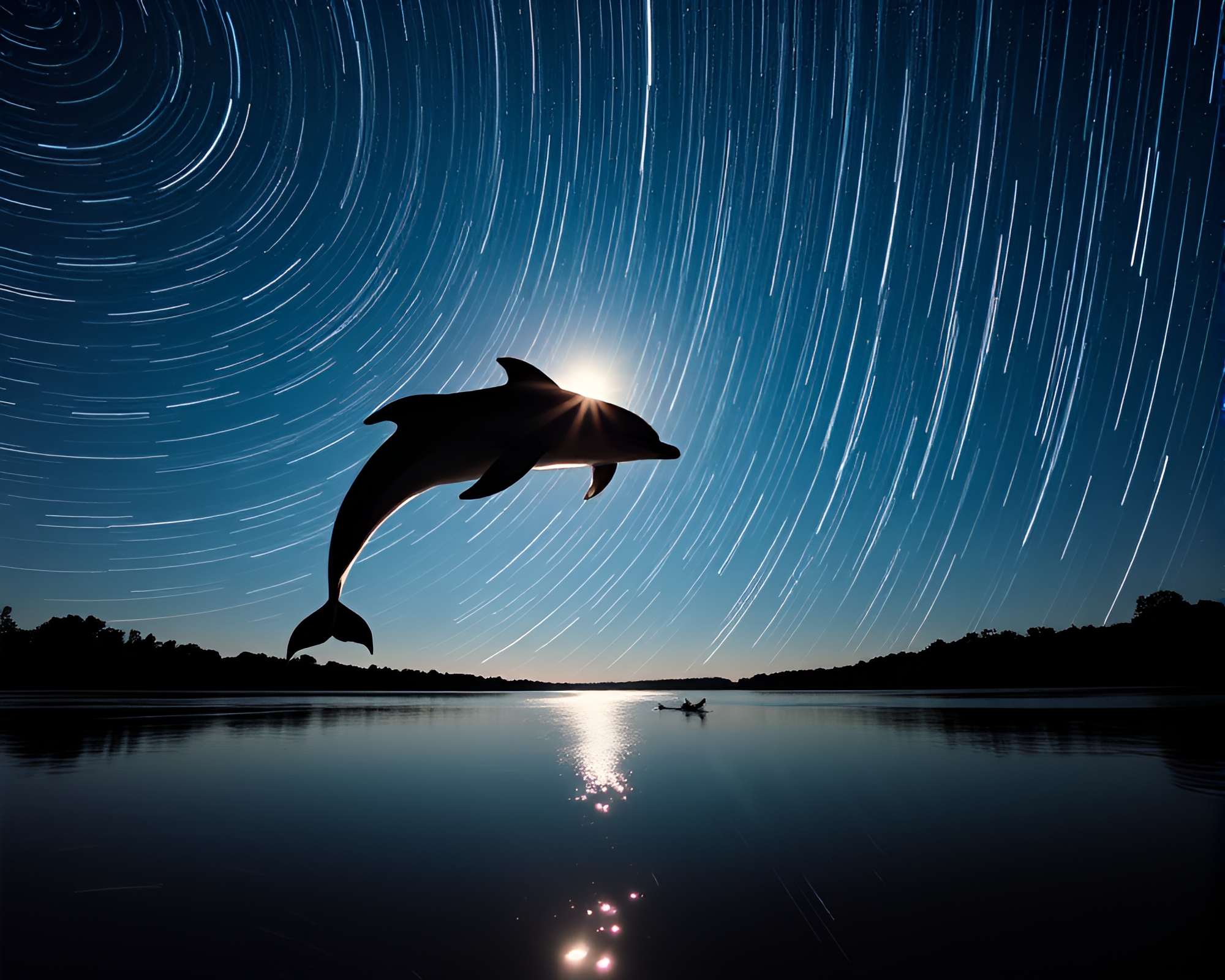 Star Trails Illuminate Amazon River Dolphin Silhouette – free AI stock image