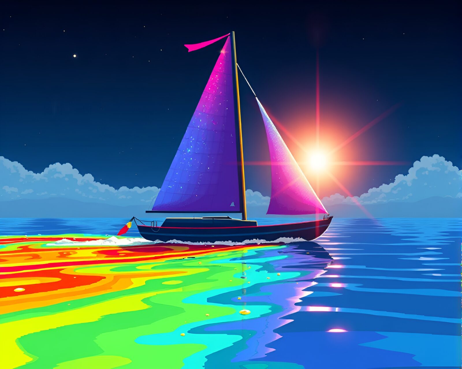 Solar sailboat sailing through vibrant oil slick rainbow