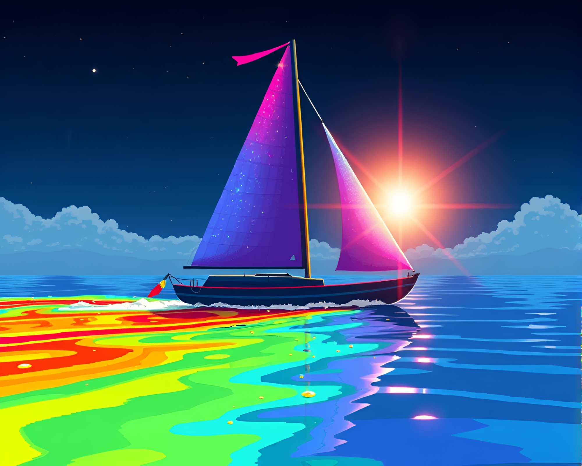 Oil Slick Rainbow Solar Sailboat Voyage – free AI stock image