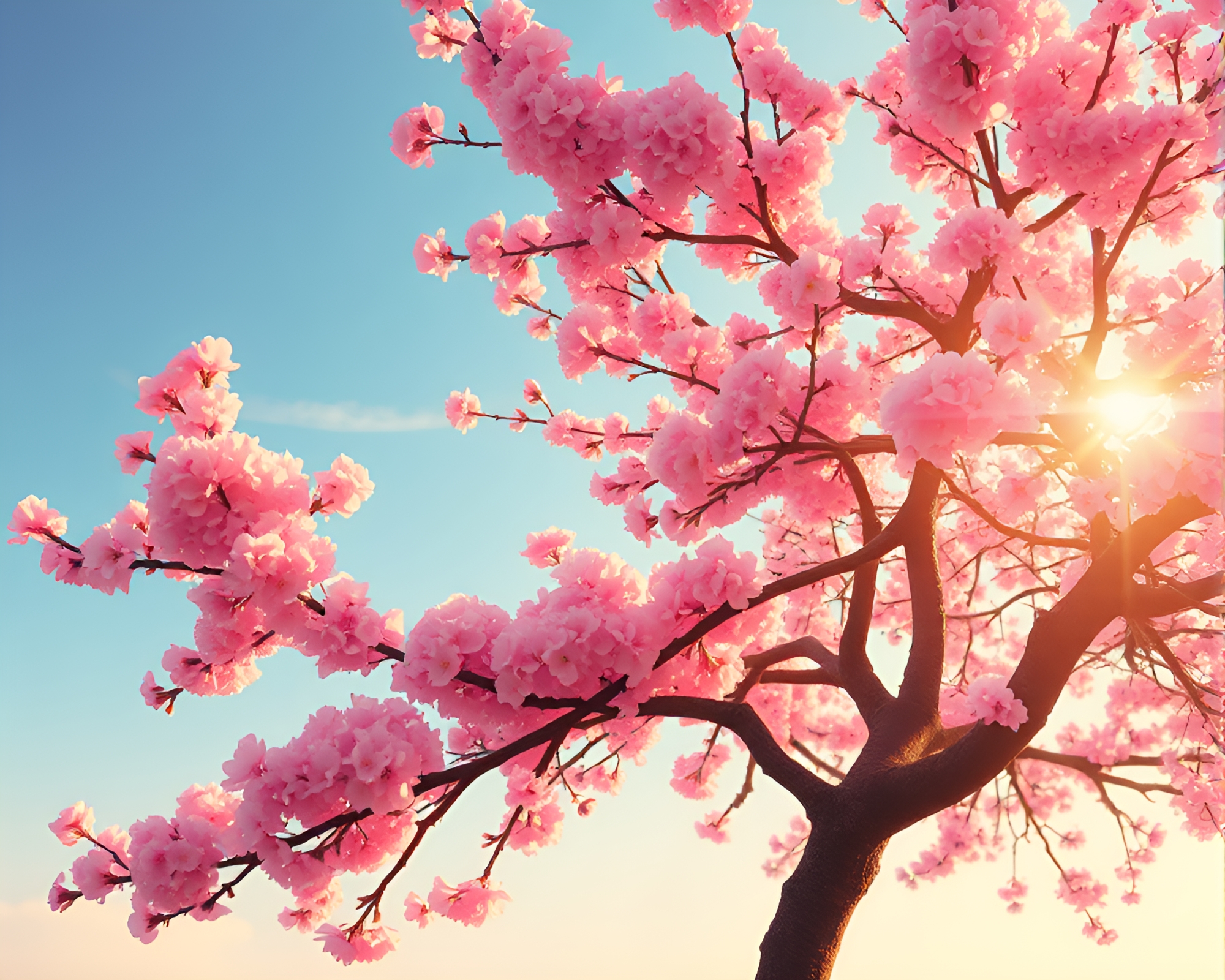 Cherry Blossom Tree in Golden Hour Glow – free AI stock image
