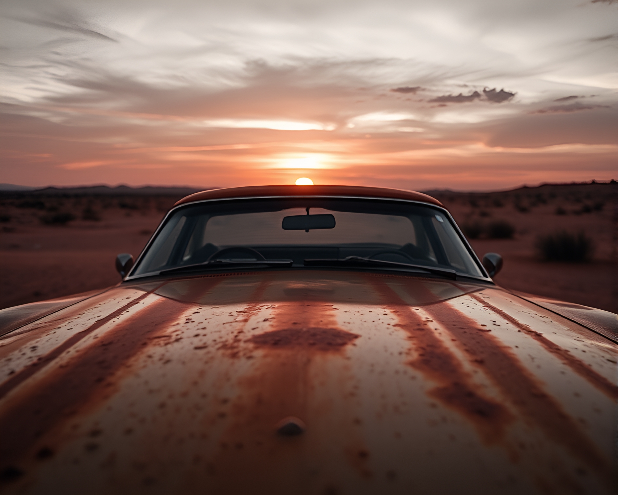 Hover Car in Rusty Desert Sunset Scene – free AI stock image