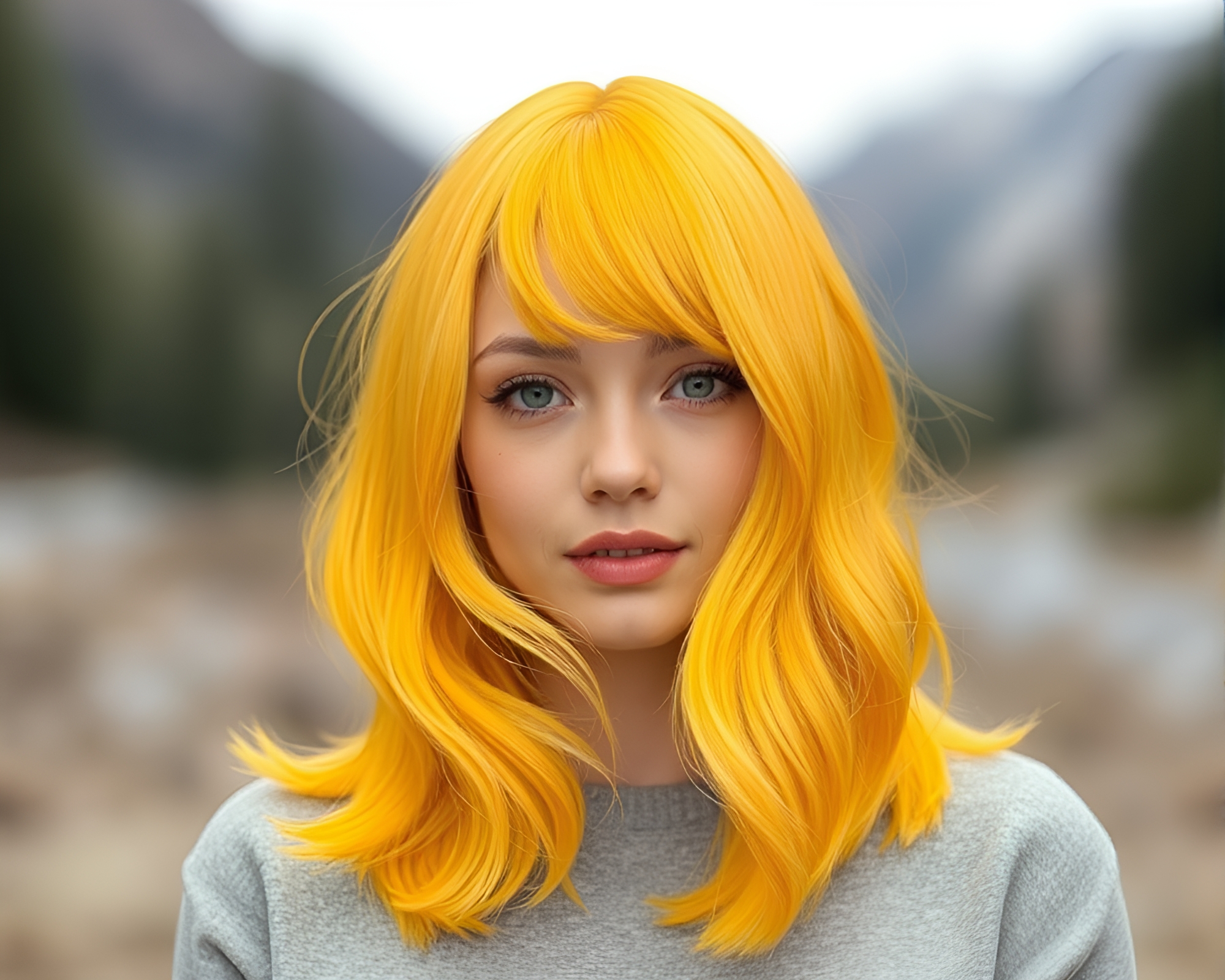 Mustard Valley Fantasy: Vibrant Hair Simulation Artwork – free AI stock image