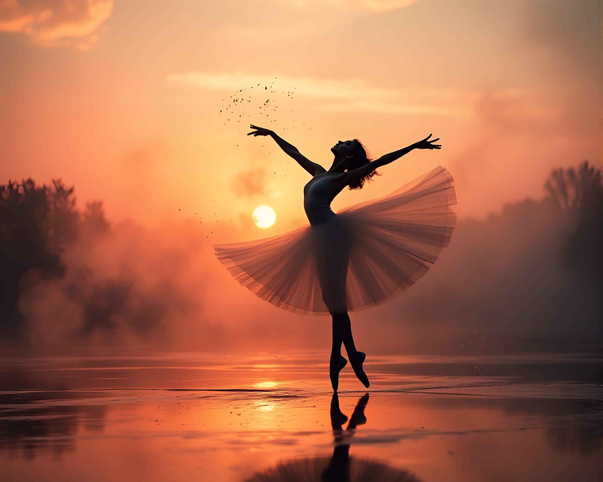 Ink Splashes Embrace Misty Dawn Ballet Elegance – free AI stock image