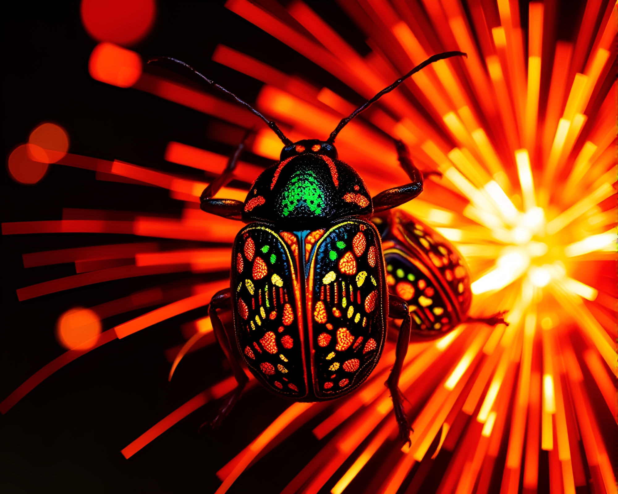 Glowing Festival Beetles in Tri-Tone Splendor – free AI stock image