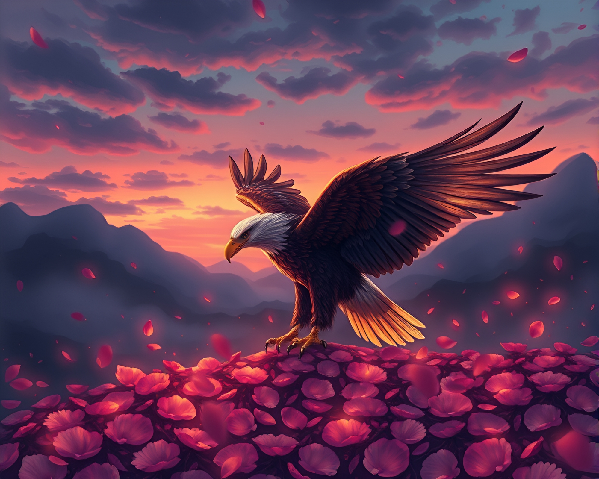 Eagle Soaring Through Twilight Petal Sky Fantasy Illustration – free AI stock image