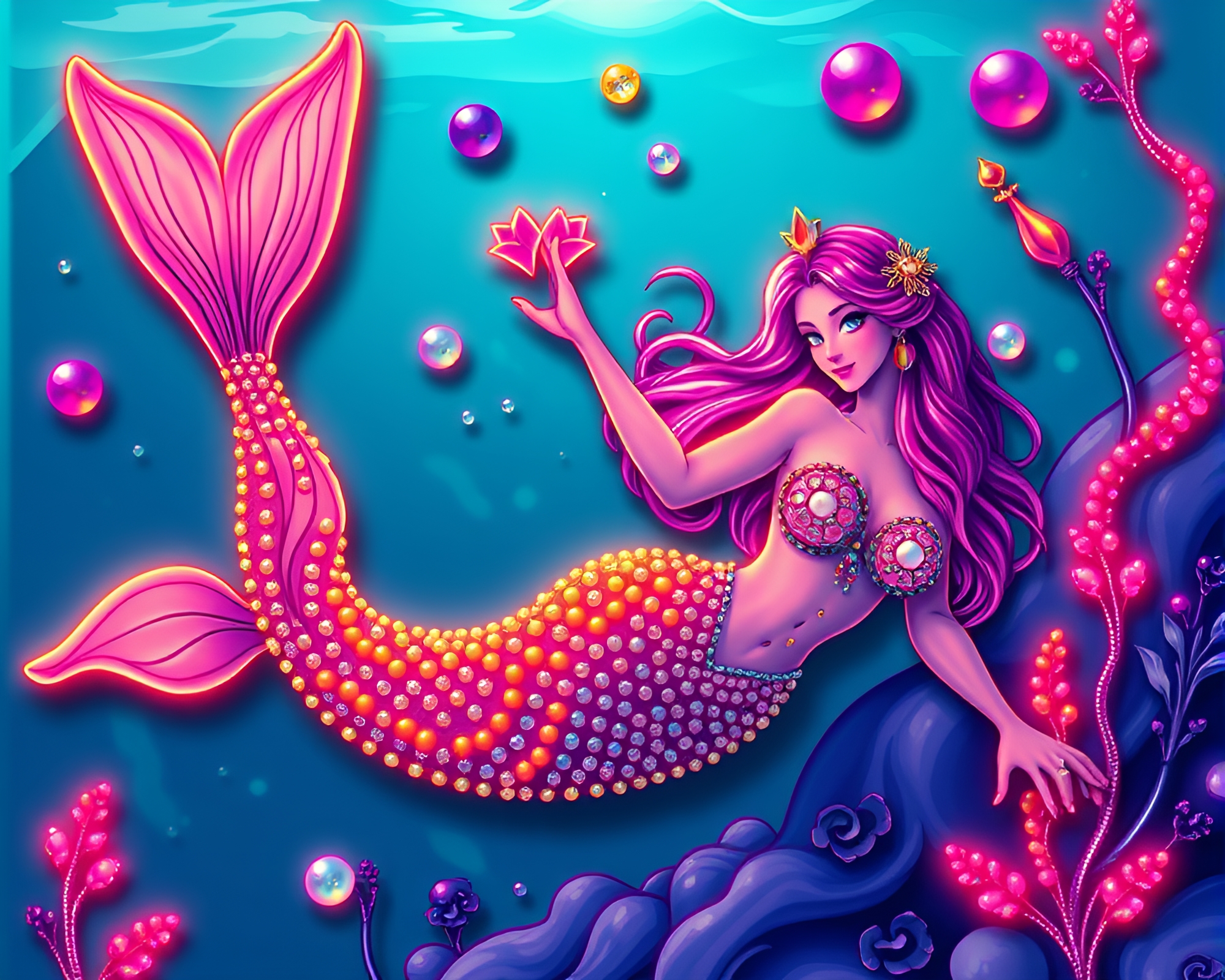 Neon Mermaid Beadwork Composition – free AI stock image