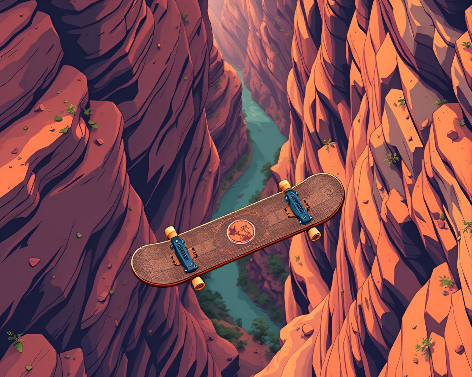 Colorful isometric illustration of a skateboarder in a canyon setting