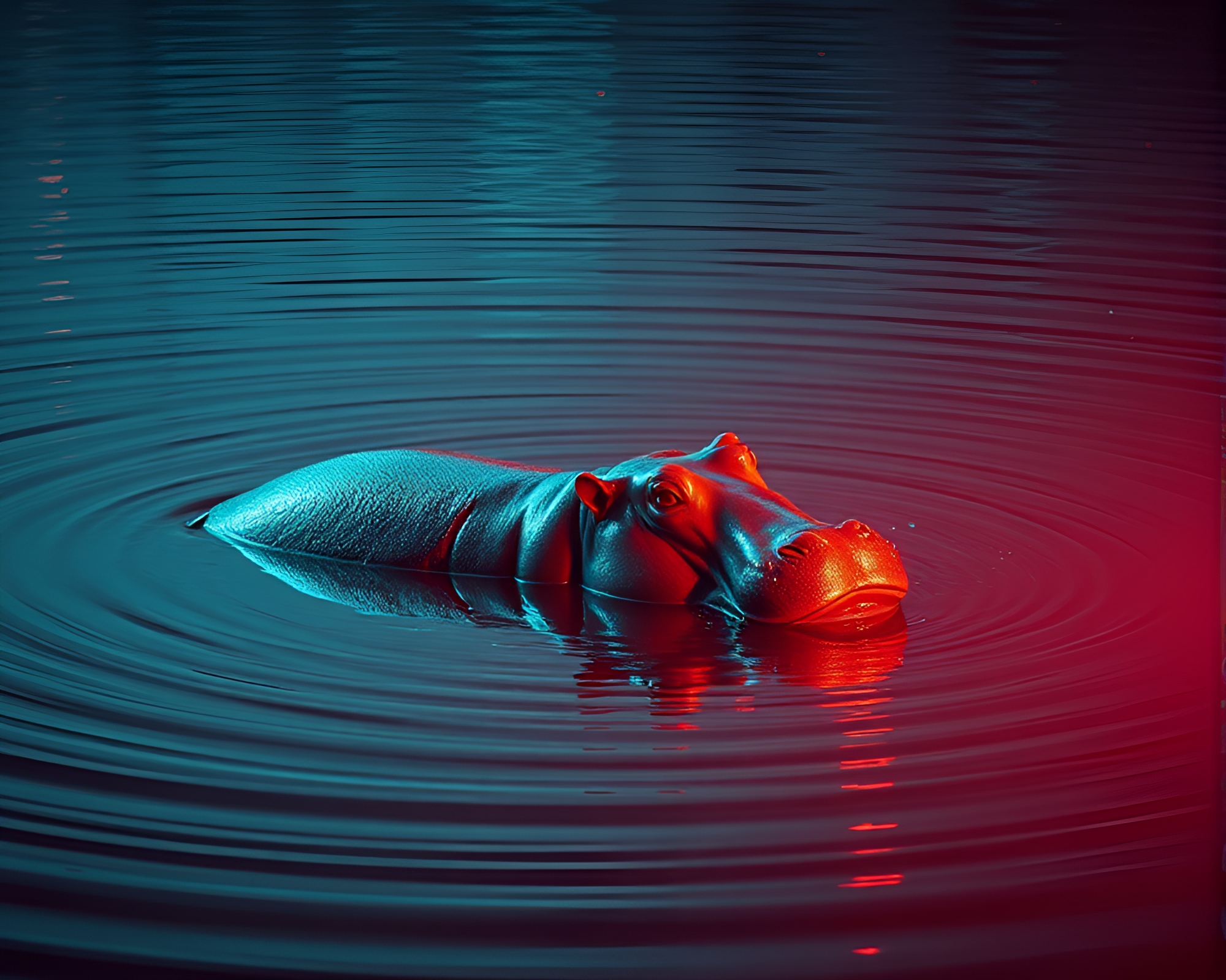 Hippopotamus Reflection in Synthwave Waters – free AI stock image