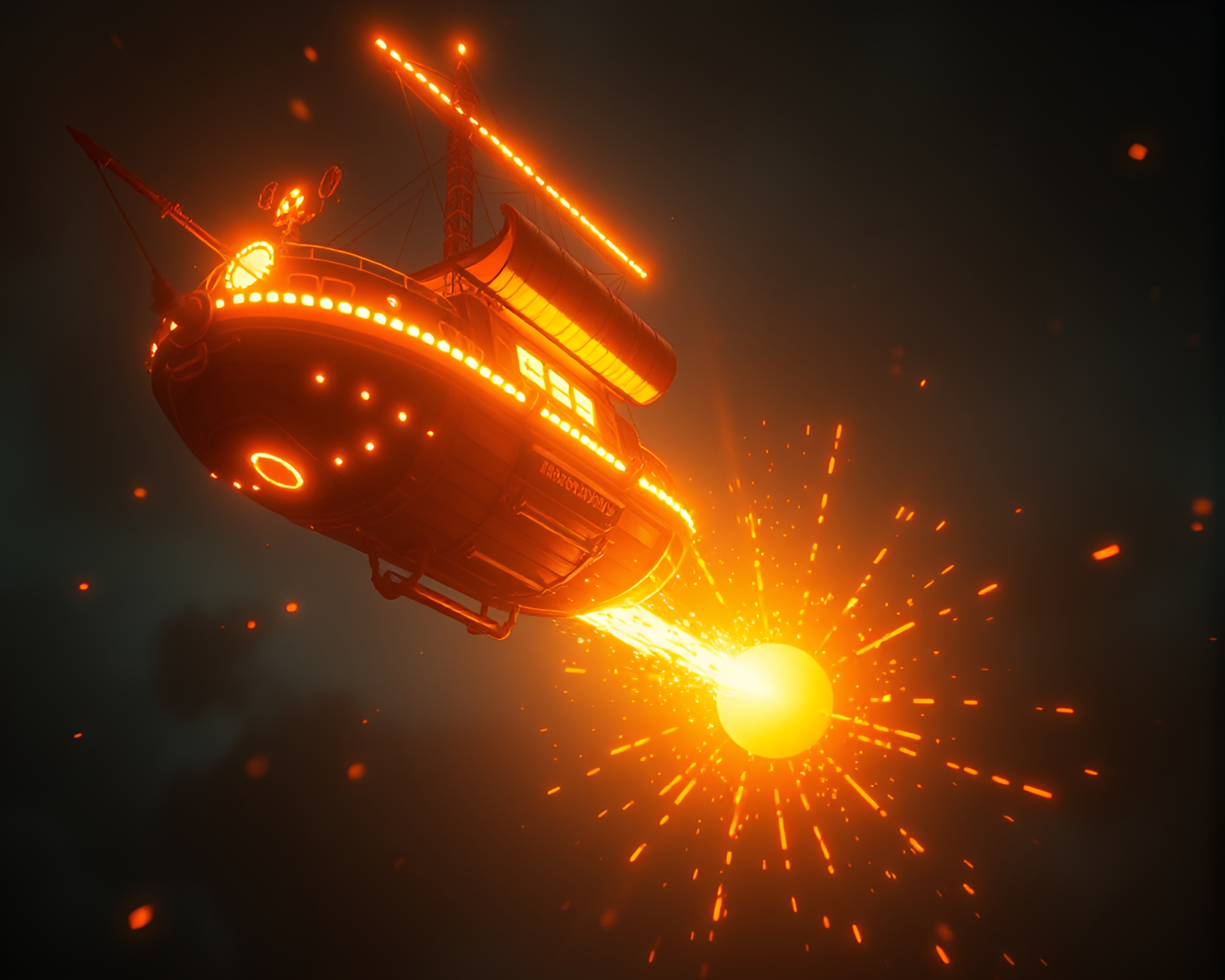 Solar Flare Glow on Steampunk Airship Close-Up Still – free AI stock image