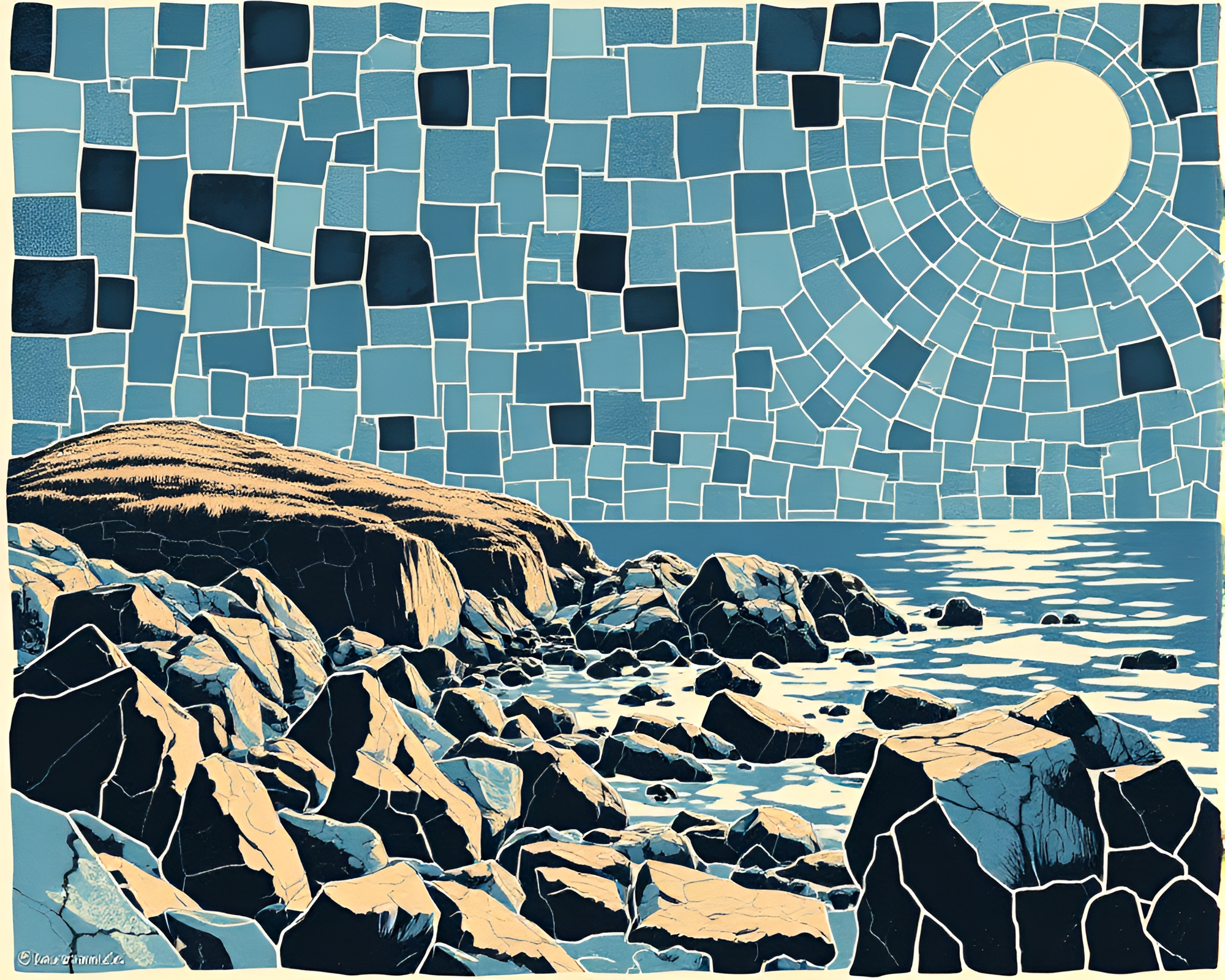 Fragmented Mosaic Cliff: Streetlamp Glow Linocut Print – free AI stock image