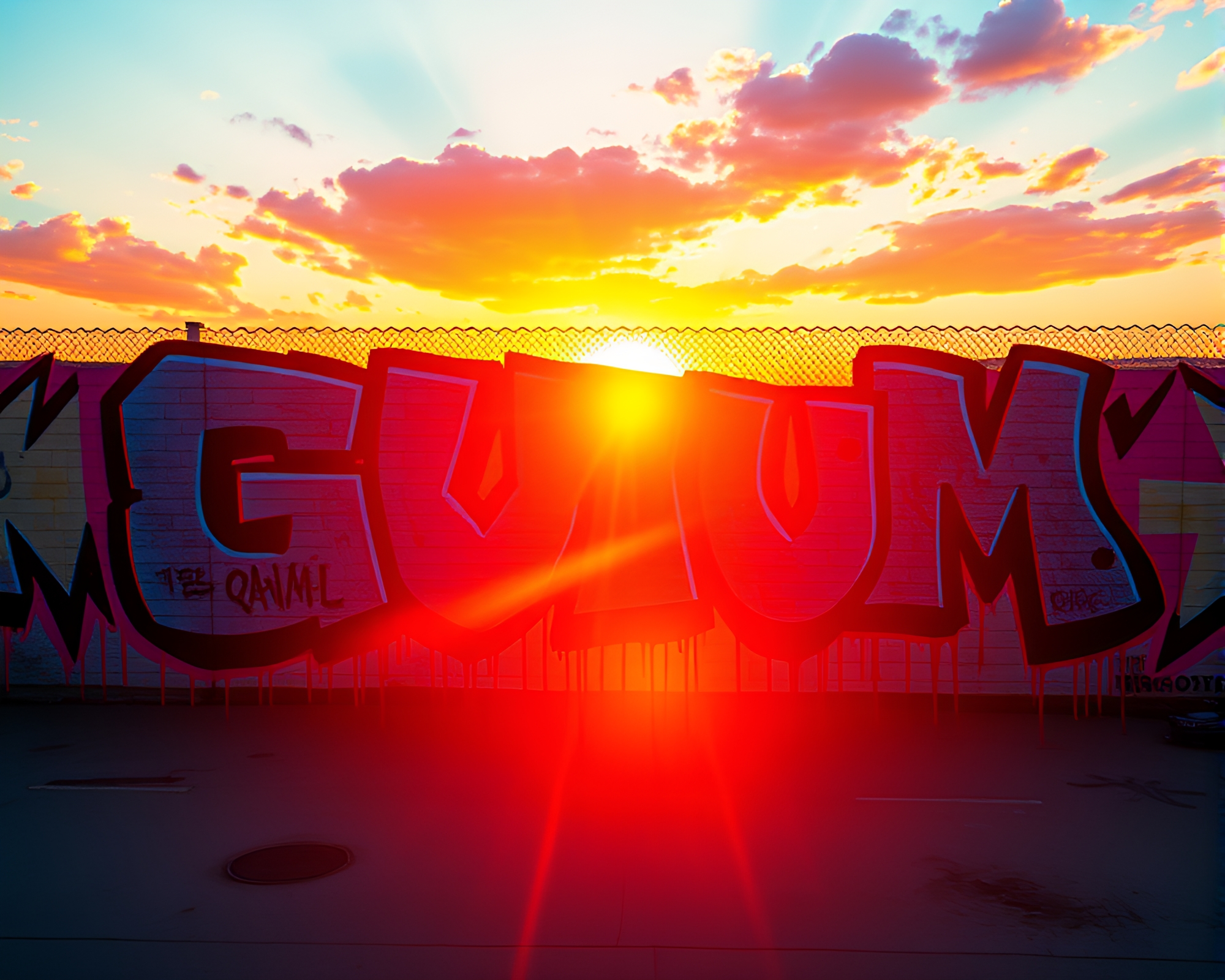 Graffiti Drips and Quantum Fluctuations in 3D Sunset – free AI stock image