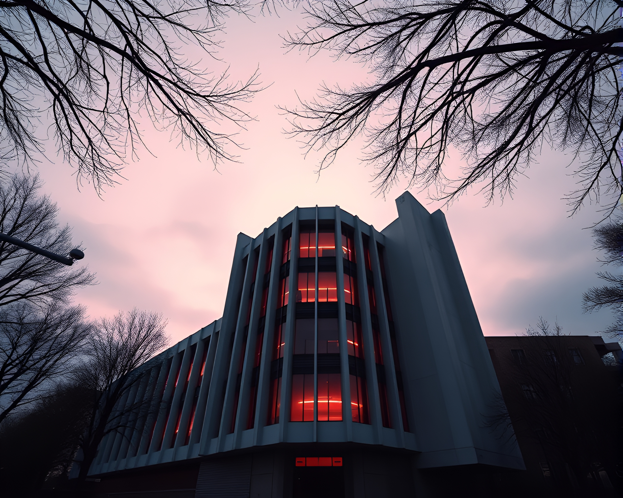 Sunrise Glow Embraces Brutalist Architecture in Negative Space Composition – free AI stock image