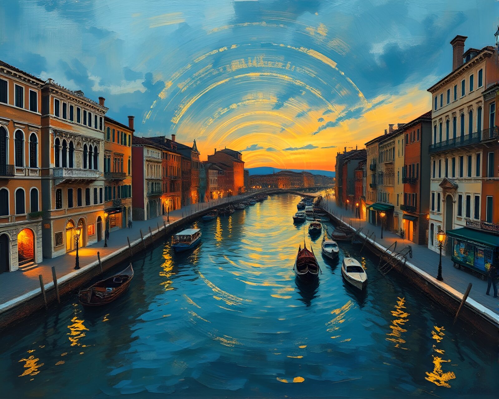Mixed media artwork of glowing Venetian canal at dusk