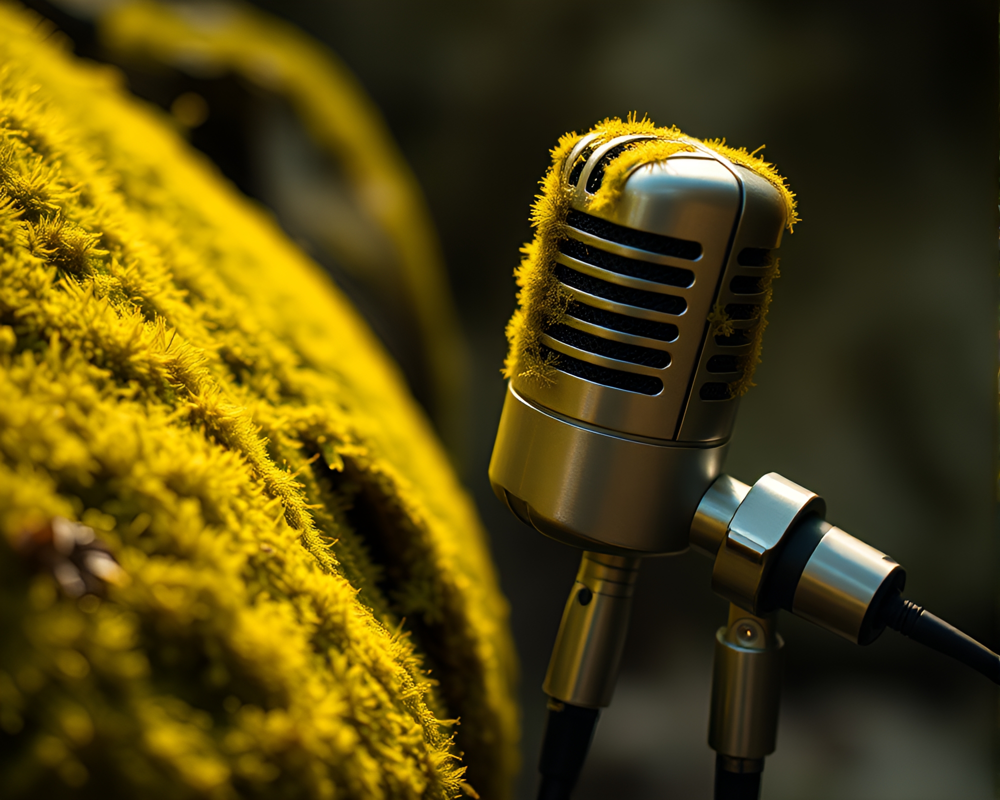 Enchanting Mossy Microphone in Mustard Yellow Glow – free AI stock image