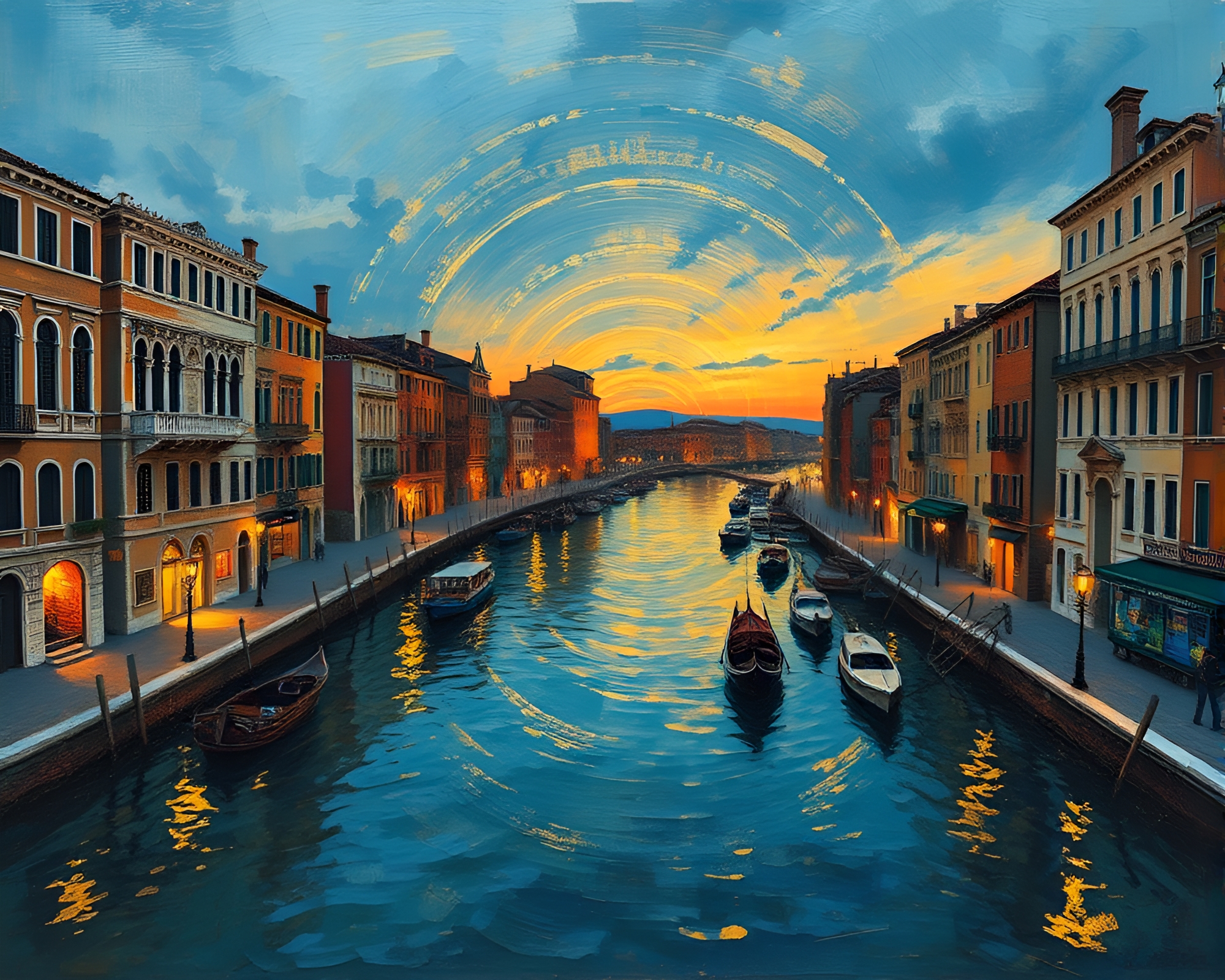 Golden Spiral at Dusk on Venetian Canal – free AI stock image