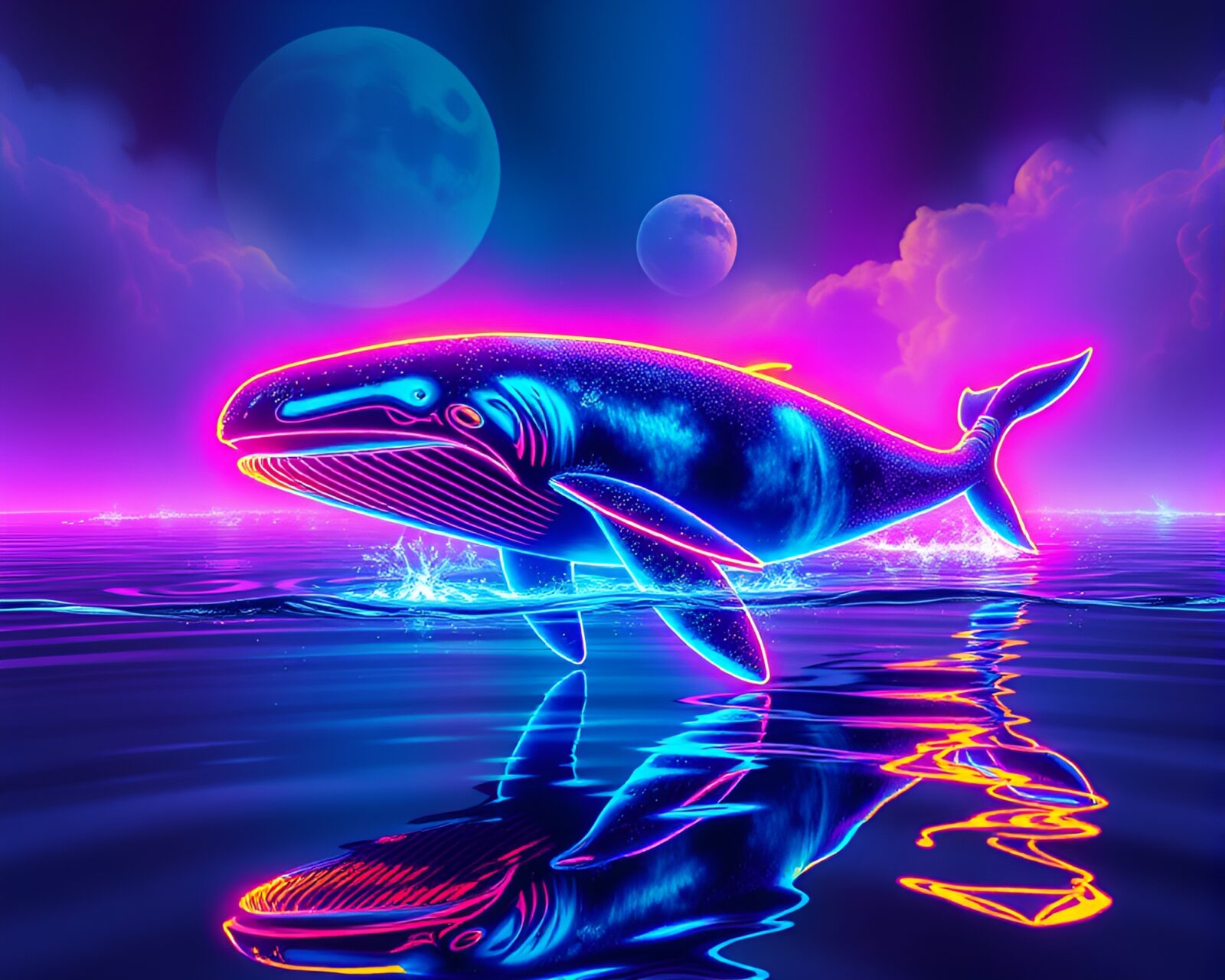 Vibrant neon whale gliding through rainbow reflections in dystopian city scape