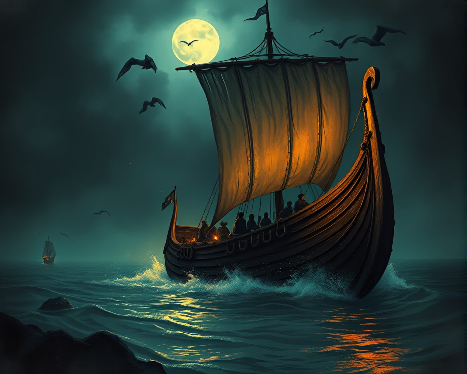 A dark, mysterious steampunk illustration of Viking longship at sea