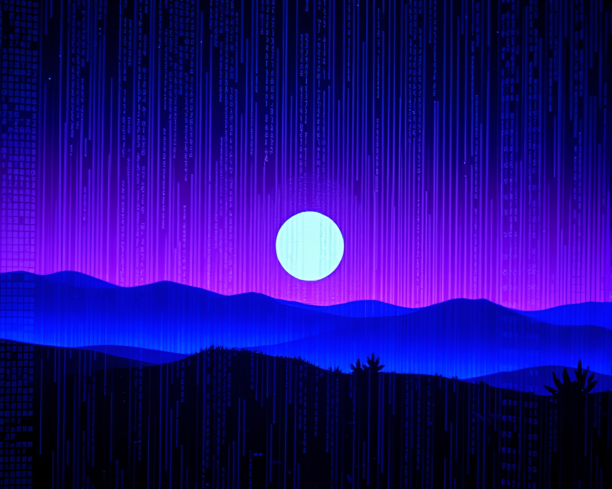 Holographic ASCII Twilight Blue Hour Engraved Details – free AI stock image