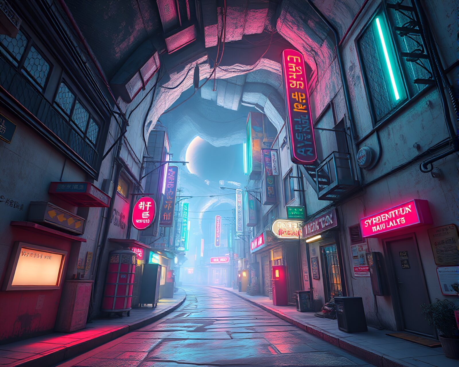 Futuristic vibrant alley twisting into vortex under pastel sky