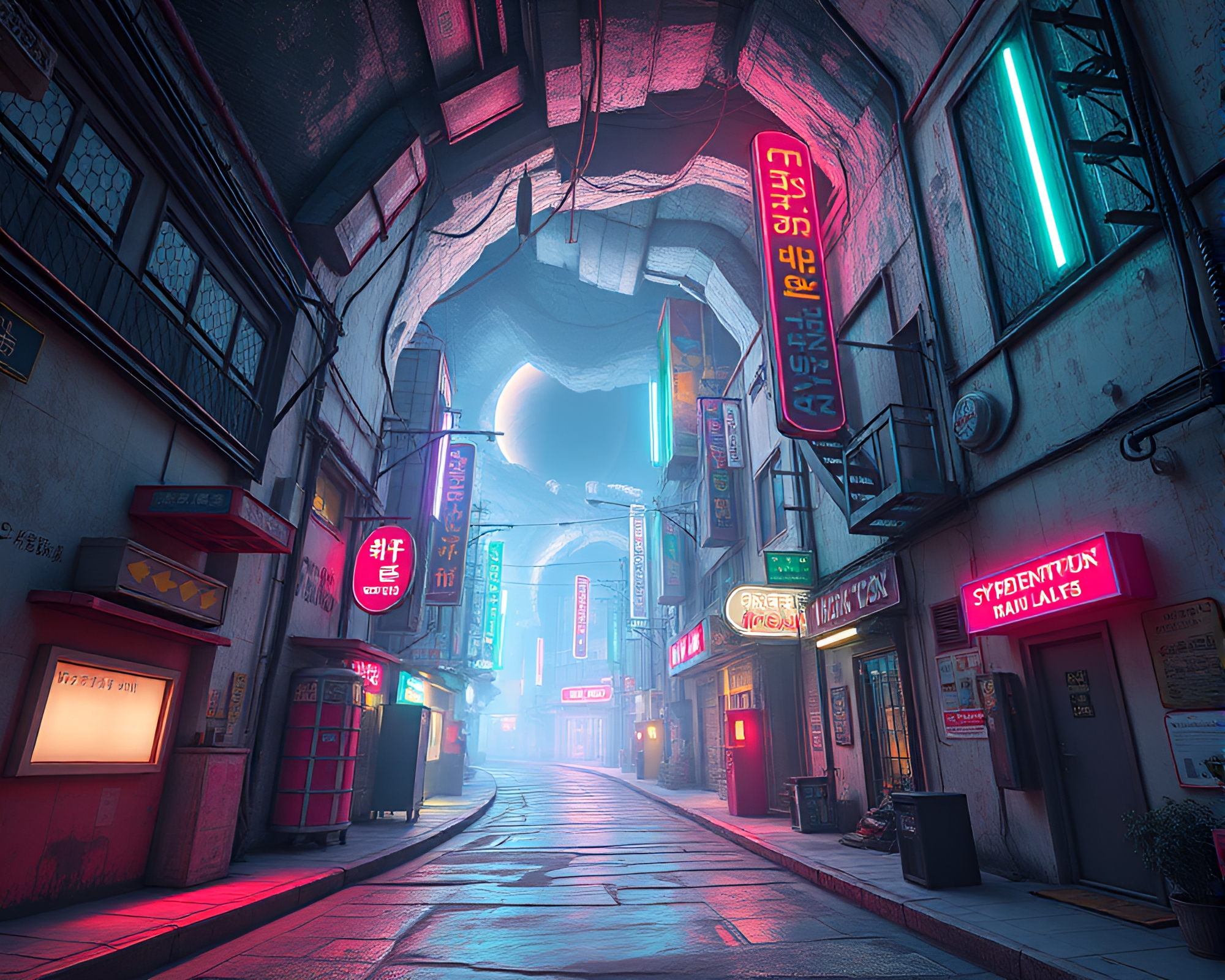 Planetary Pastel Cyberpunk Alley with Vortex Twist – free AI stock image