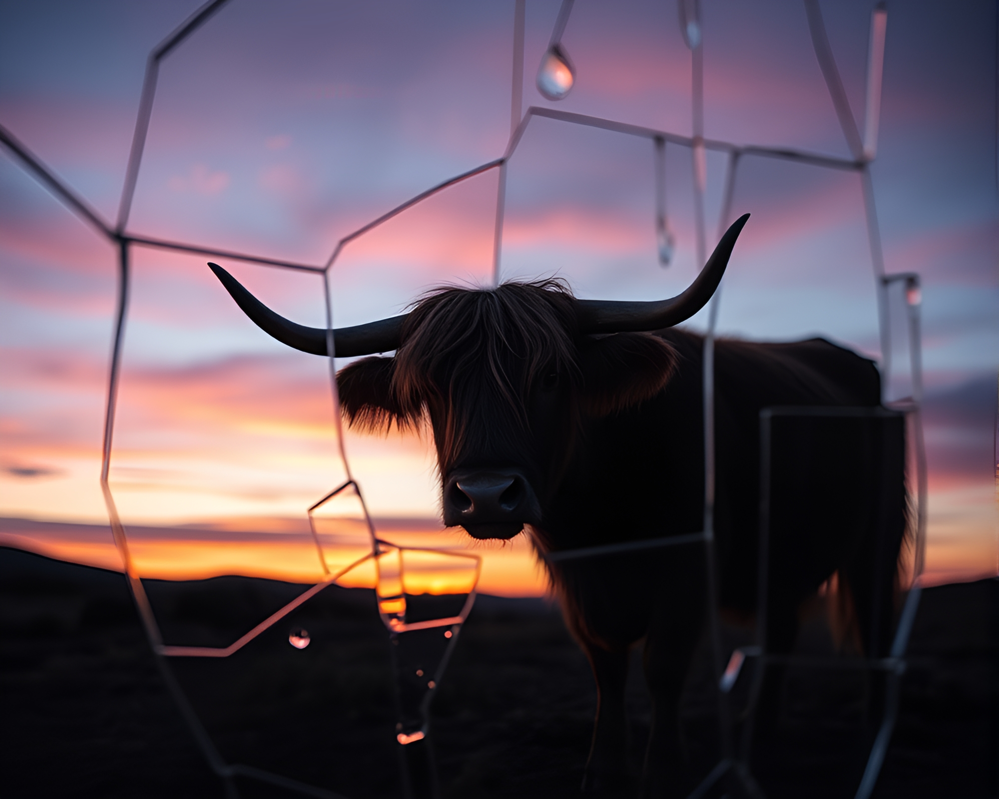 Highland Cow Reflection in Broken Glass at Sunrise – free AI stock image