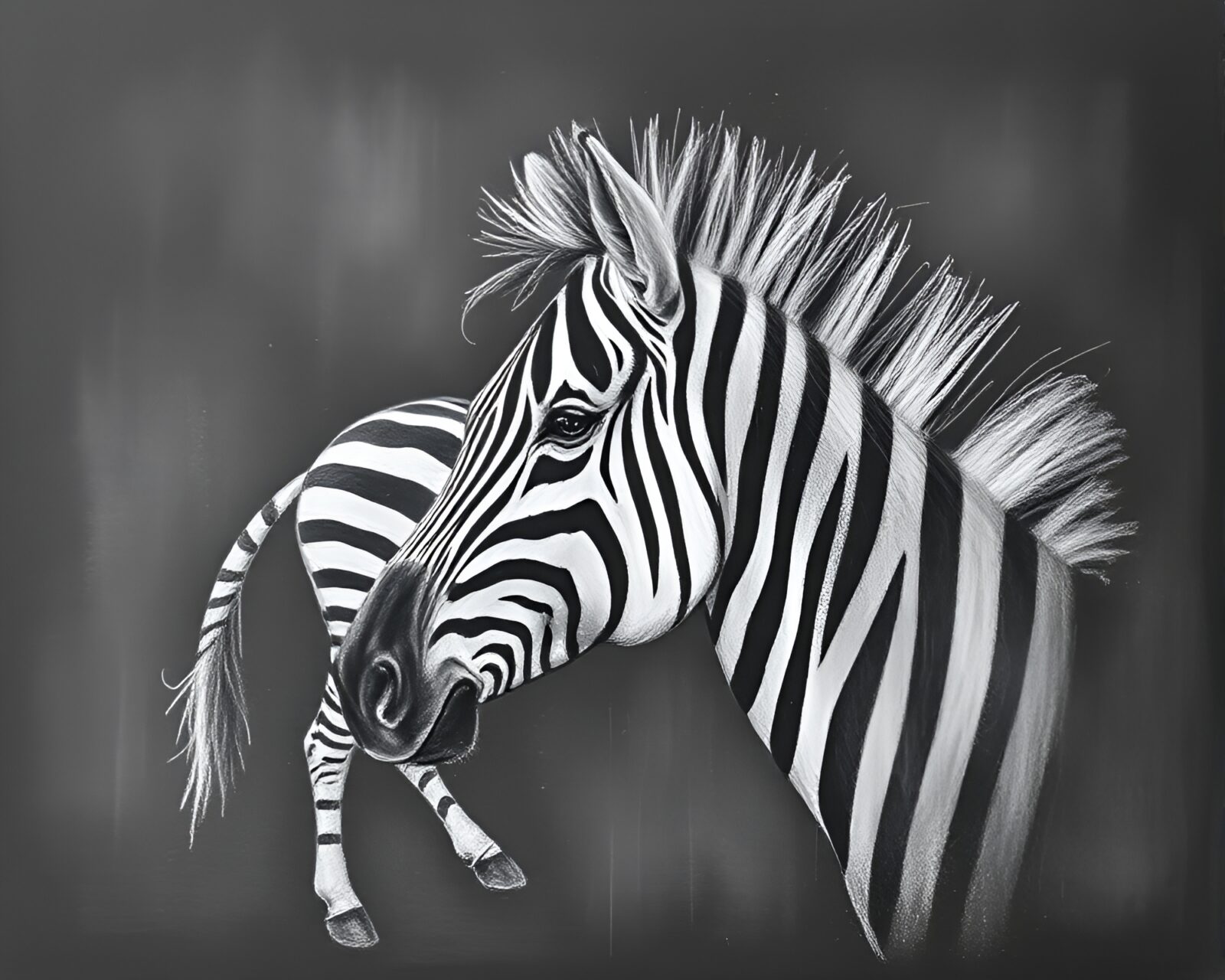 Abstract zebra art with chalk drawings in smoky atmosphere