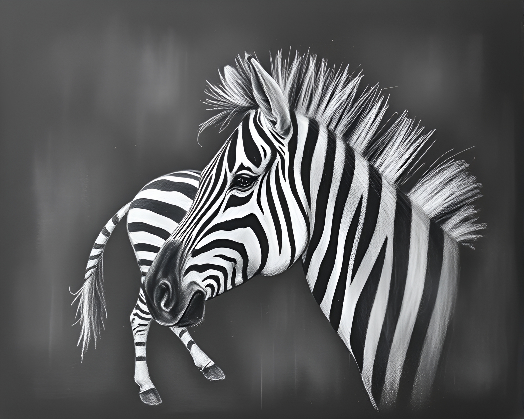 Zebra in Chalk Scrawls Amid Tri-Tone Smoky Haze – free AI stock image