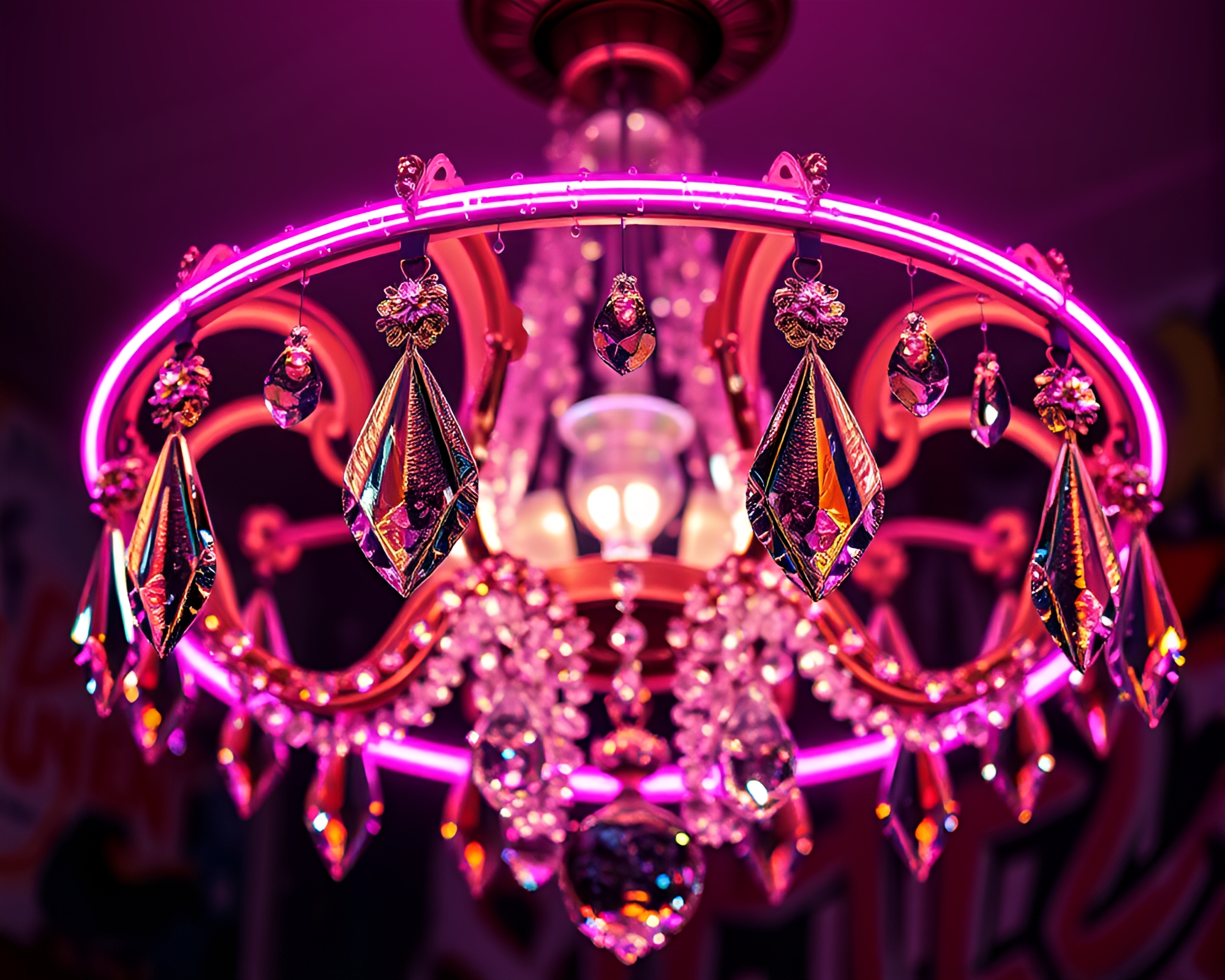 Neon Graffiti Crystal Chandelier with Dew Drops – free AI stock image